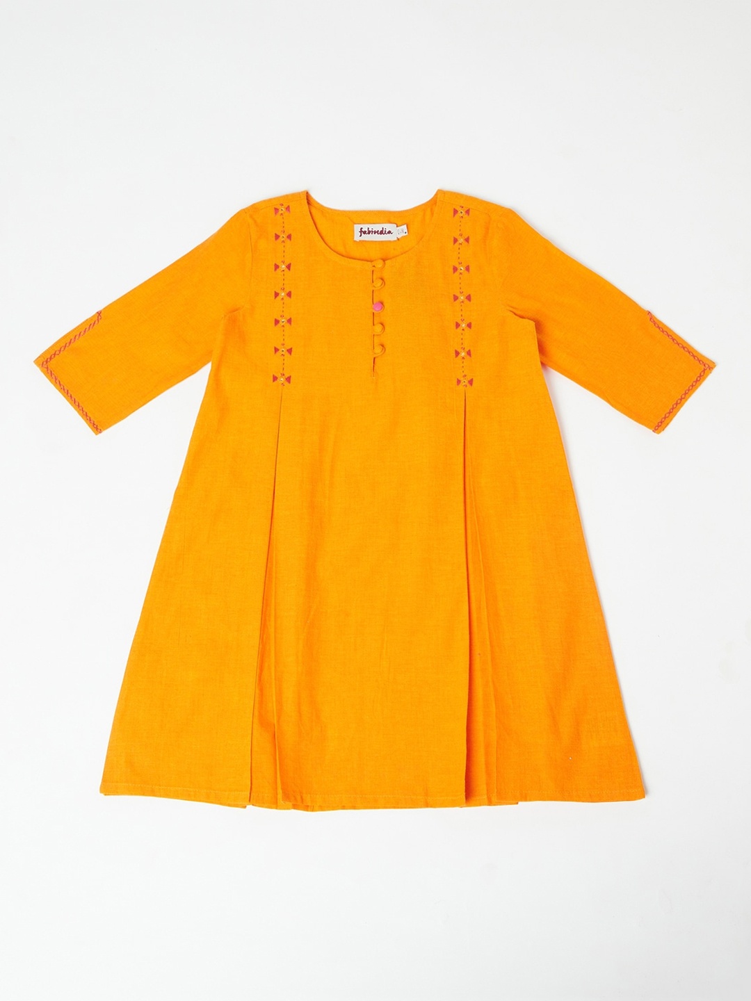 

Fabindia Girls Orange Yoke Design Flared Sleeves Thread Work Handloom Kurta