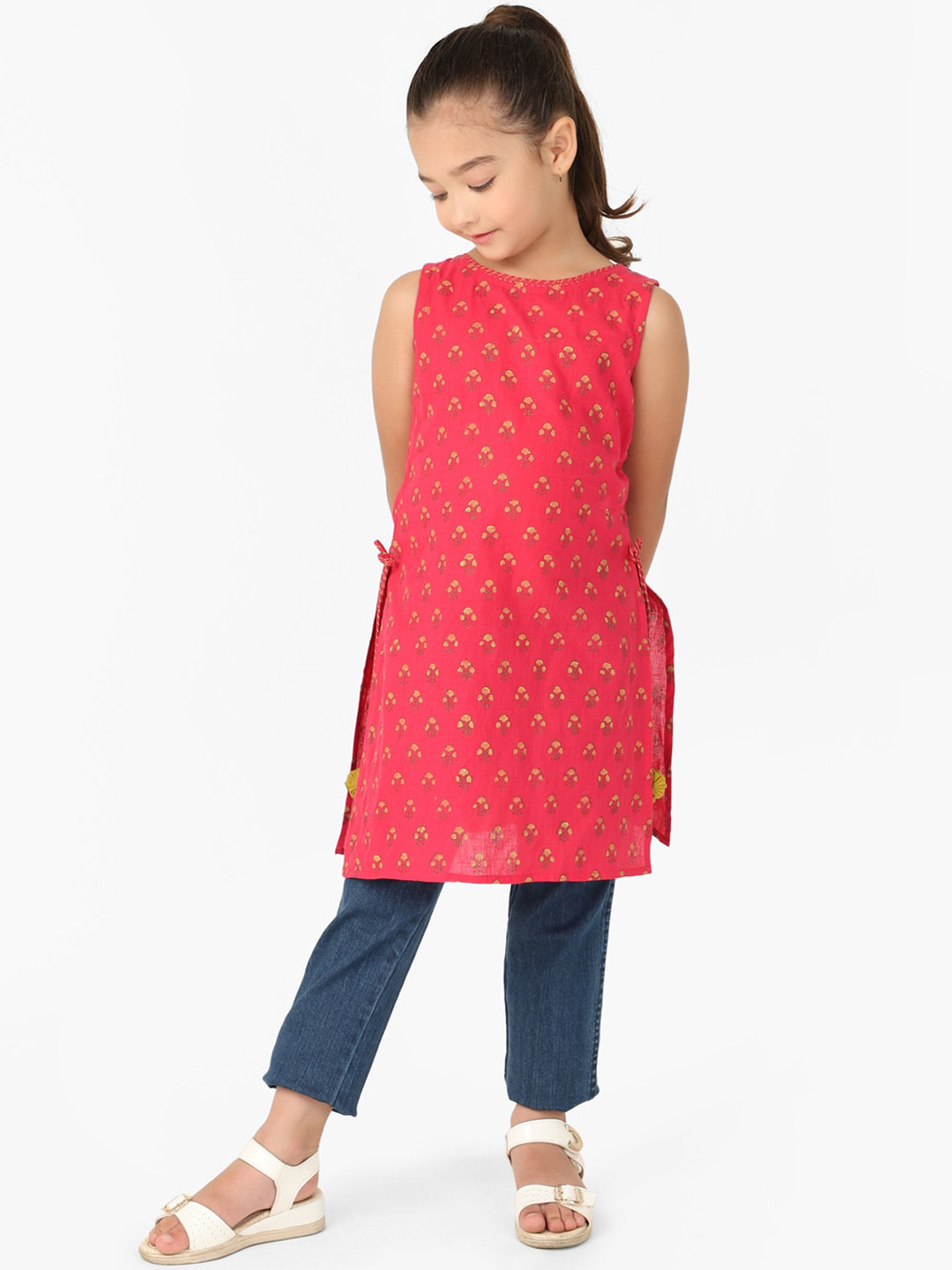 

Fabindia Girls Pink Block Printed A-Line Cotton Kurta