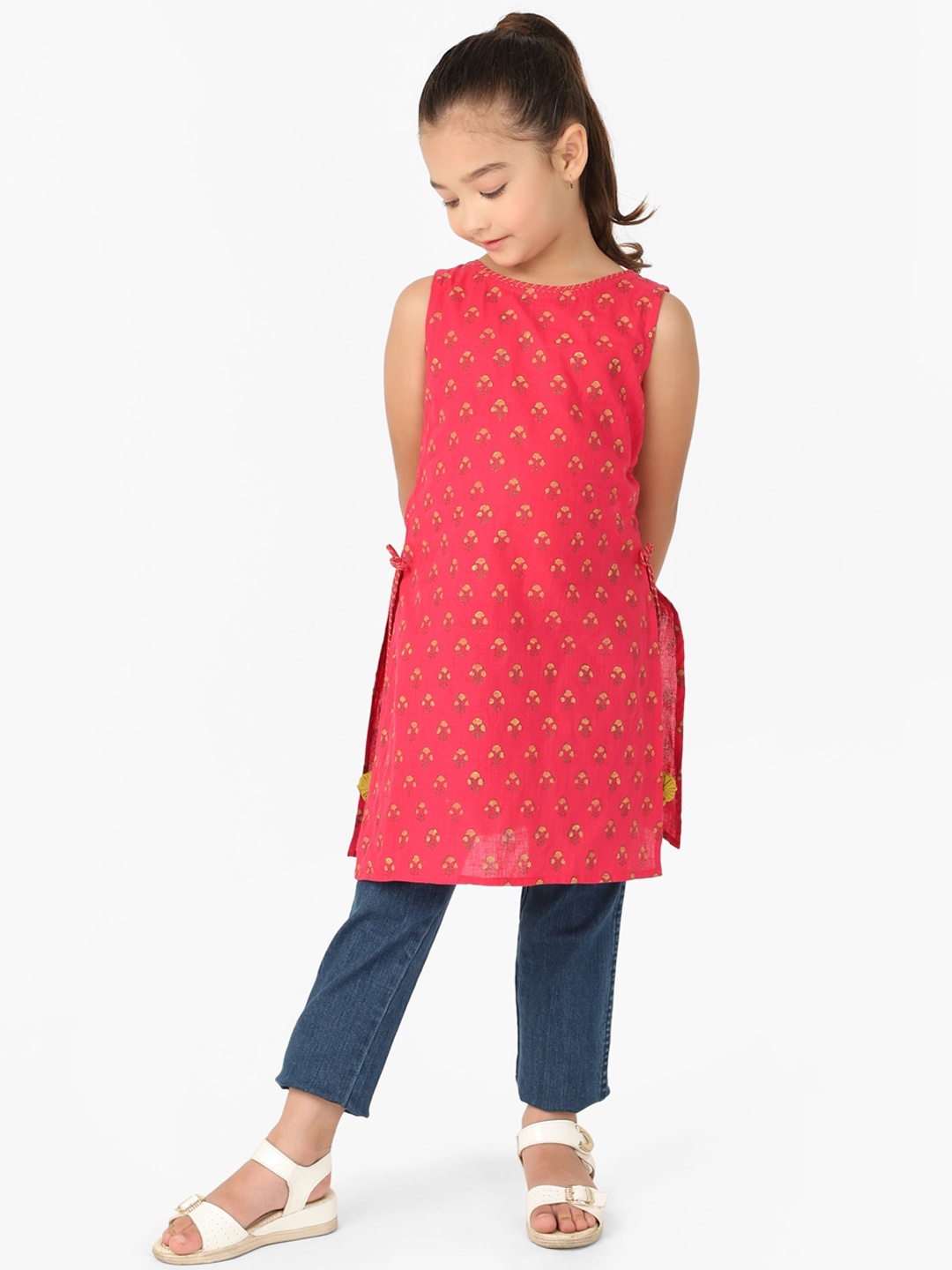 

Fabindia Girls Pink Ethnic Motifs Block Printed Cotton Kurta