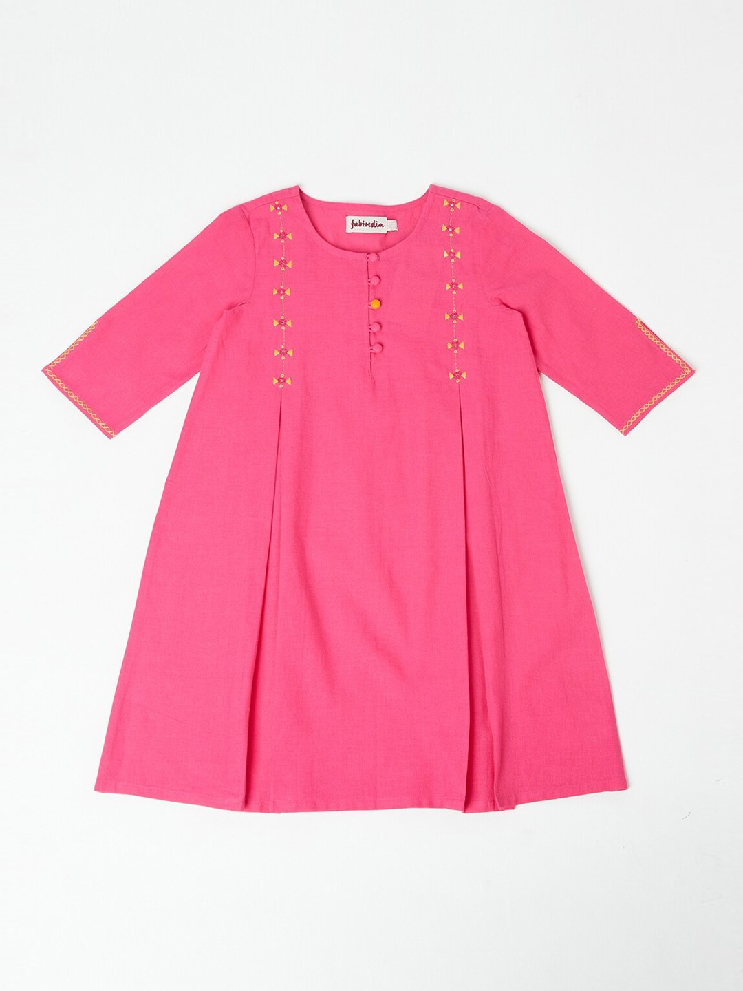 

Fabindia Girls Pink & Yellow Embellished Cotton Hand Embroidered A-line Kurta
