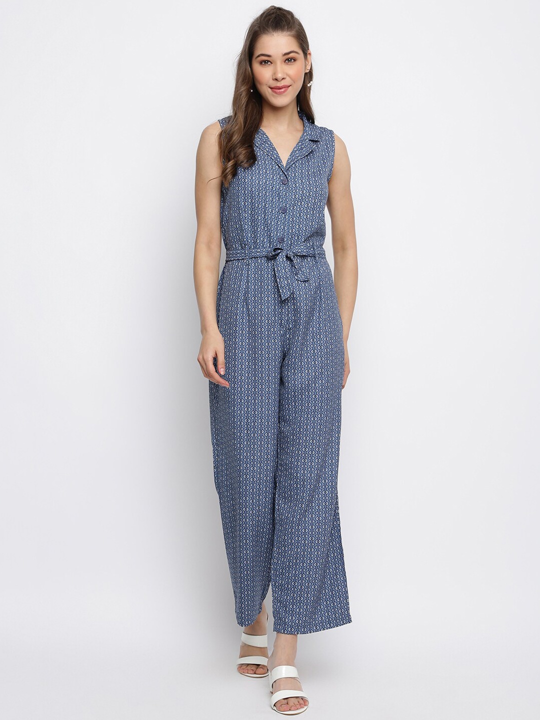 

Mayra Blue & White Printed Basic Jumpsuit