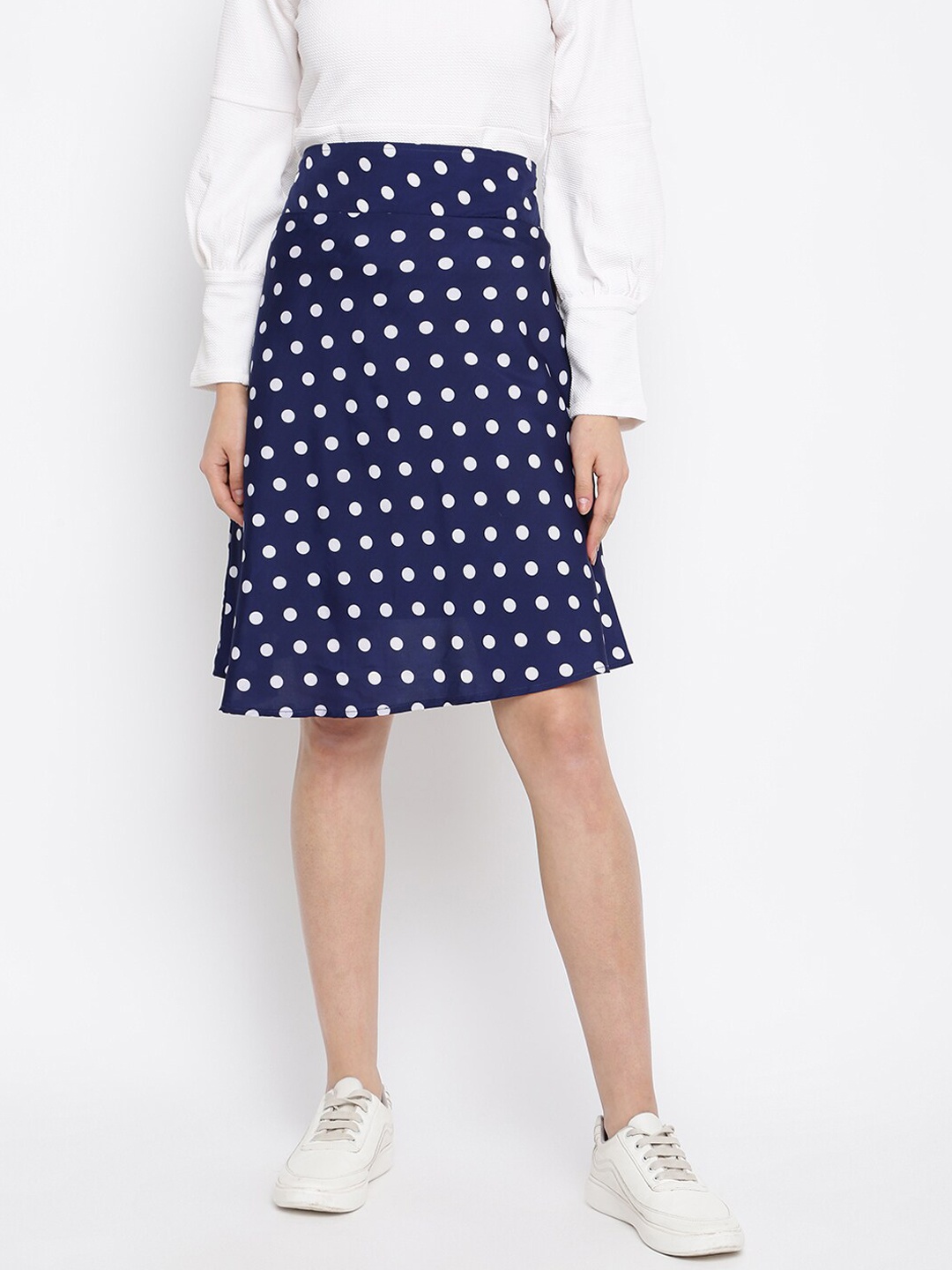 

Mayra Women Navy Blue Polka-dot Printed Flared Knee-Length Skirt