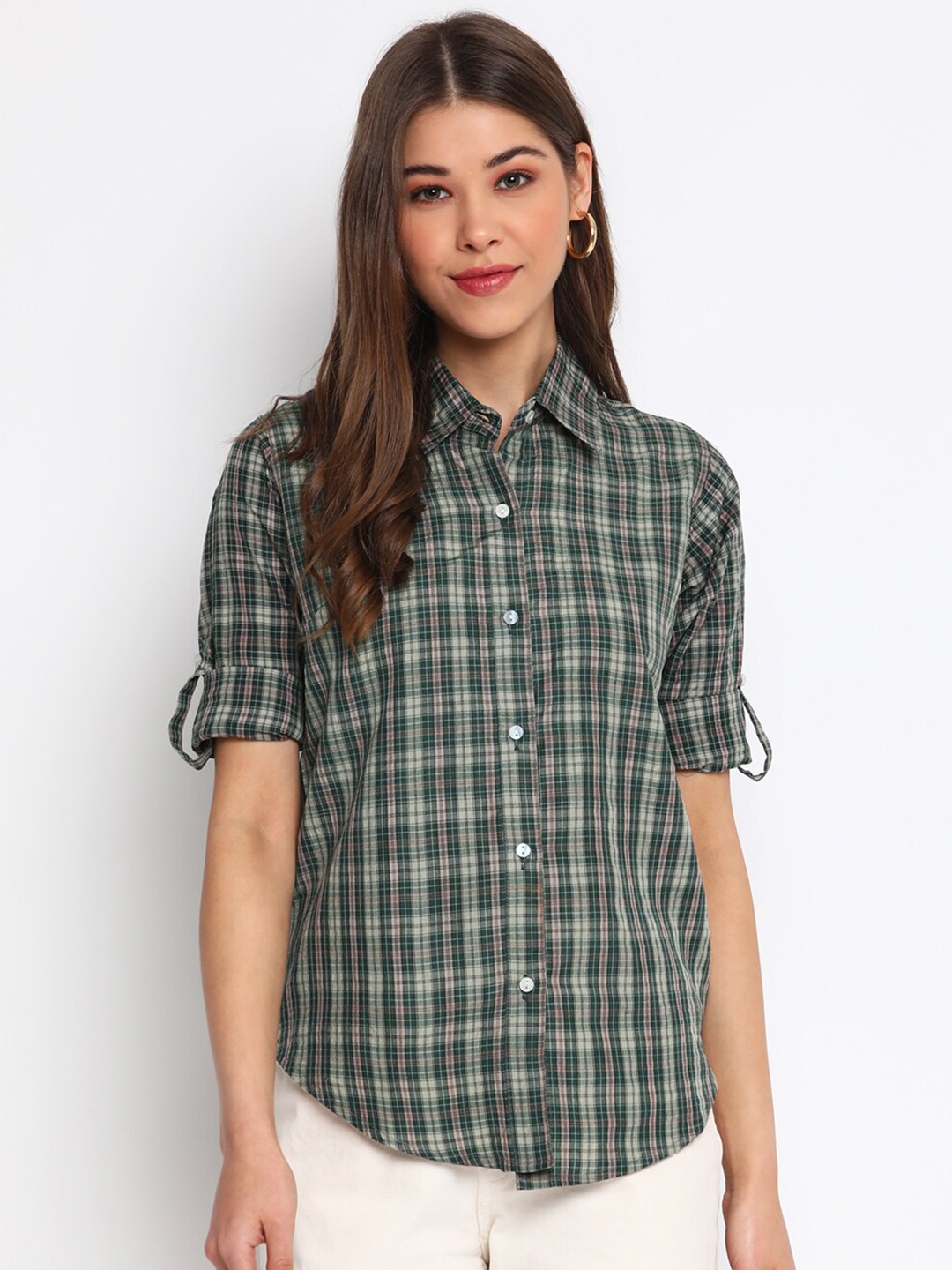 

Mayra Women Green Slim Fit Checked Cotton Casual Shirt