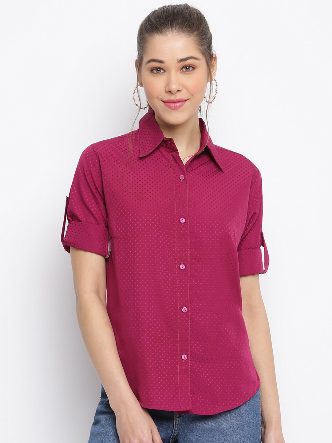 

Mayra Women Fuchsia Slim Fit Printed Roll-Up Sleeves Casual Shirt