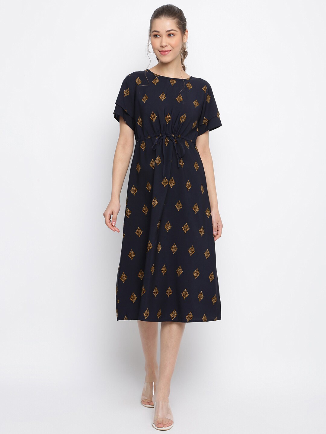 

Mayra Women Navy Blue & Yellow Ethnic Motifs Crepe Fit & Flare Midi Dress