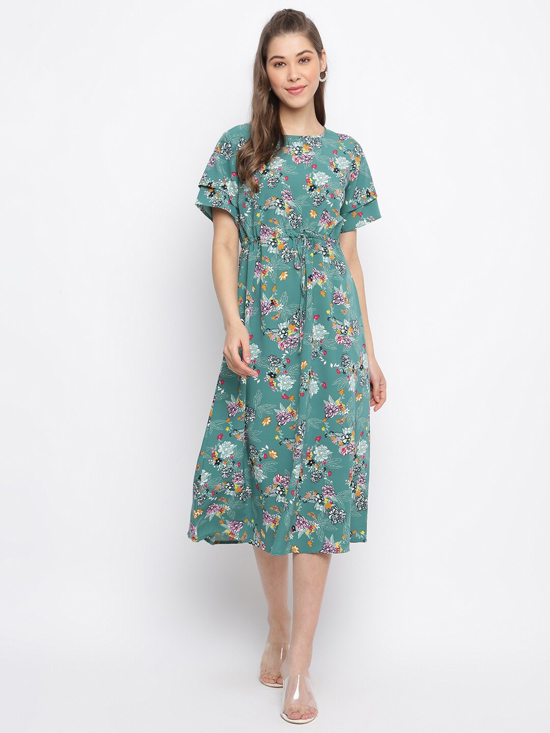 

Mayra Green Floral Crepe A-Line Midi Dress