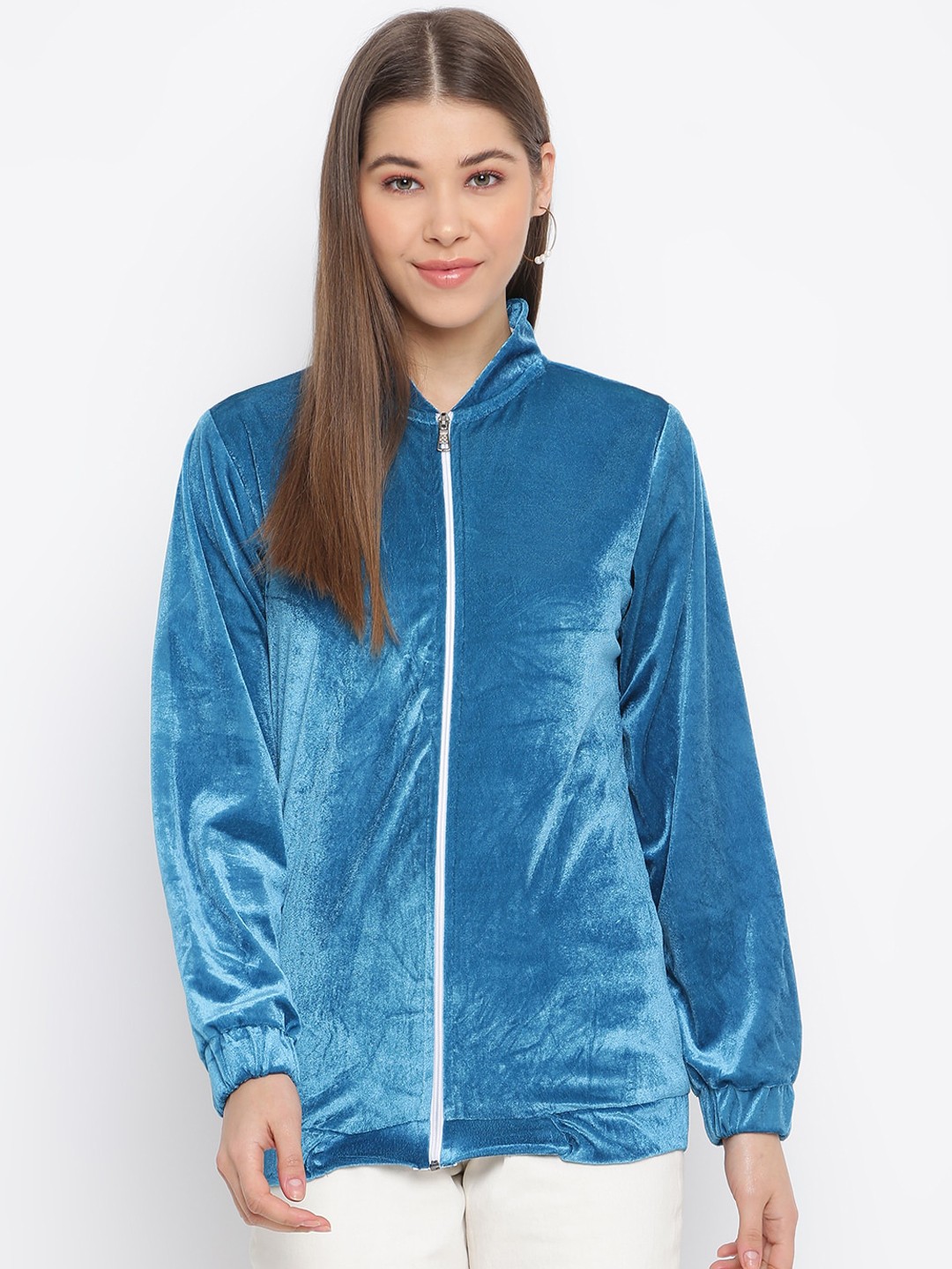 

Mayra Women Blue Solid Velvet Open-Front Jacket