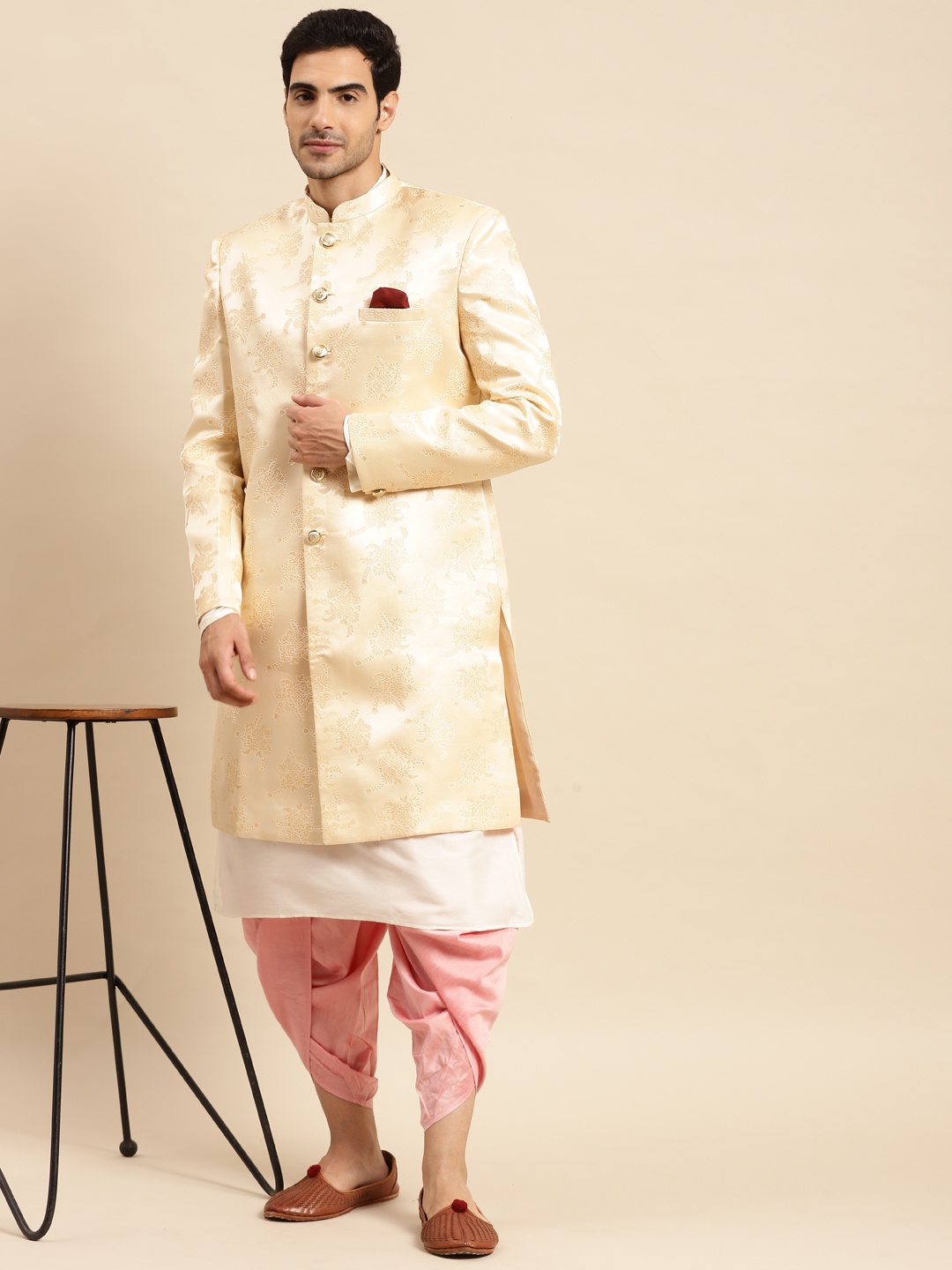 

KISAH Men Woven Design Cotton Regular Fit Indowestern Sherwani Set, Beige