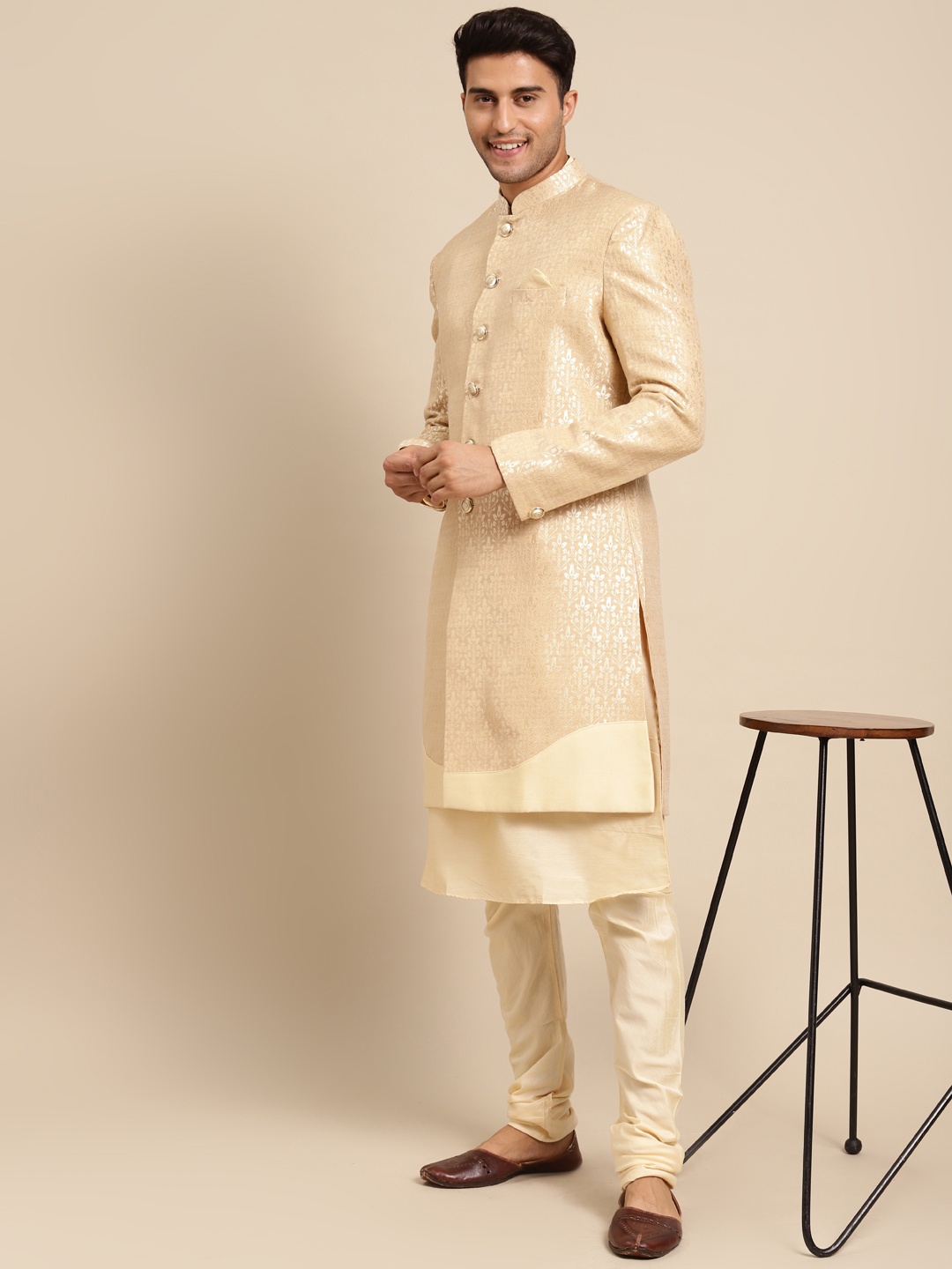 

KISAH Men Woven Design Cotton Indowestern Sherwani Set, Beige