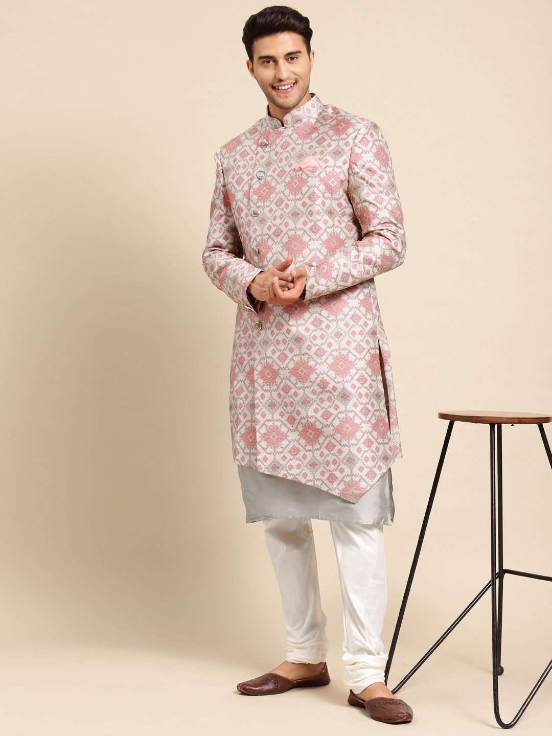 

KISAH Men Cream-coloured & Grey Printed Cotton Sherwani Set