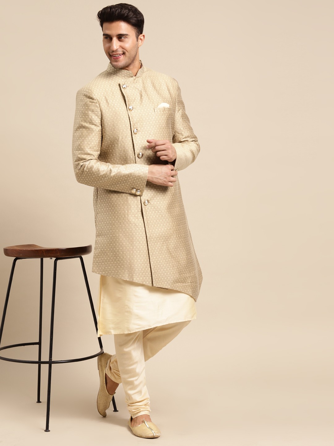 

KISAH Men Printed Cotton Indowestern Sherwani Set, Camel brown