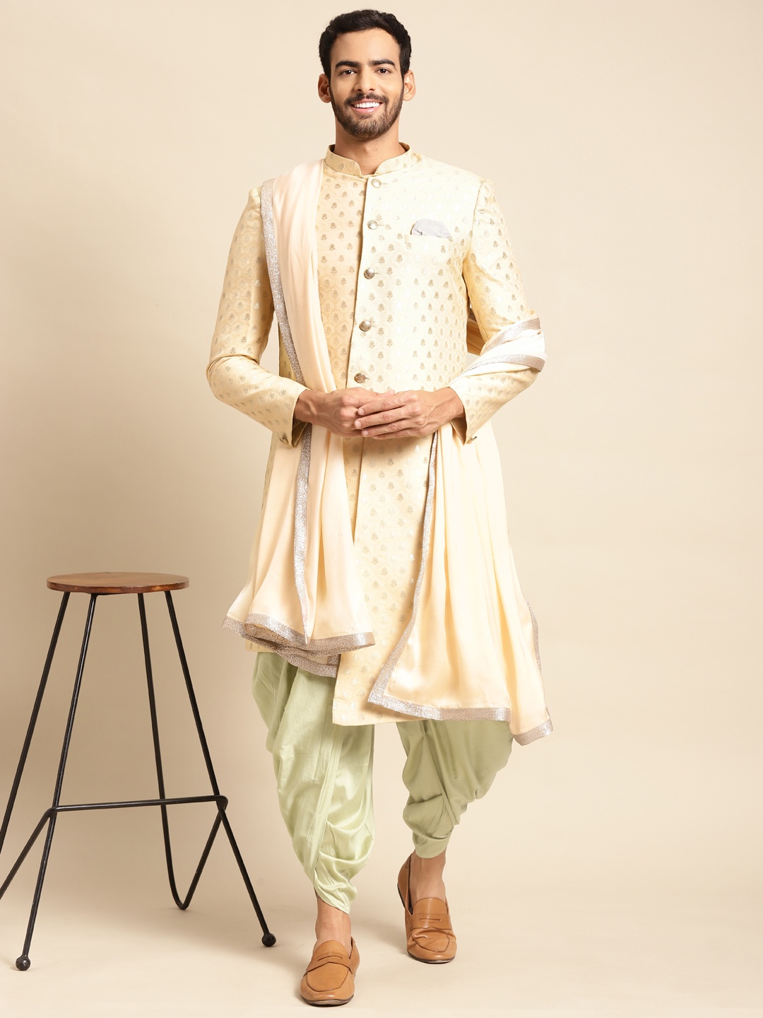 

KISAH Men Beige & Green Woven Design Sherwani with Dhoti Pants & Dupatta