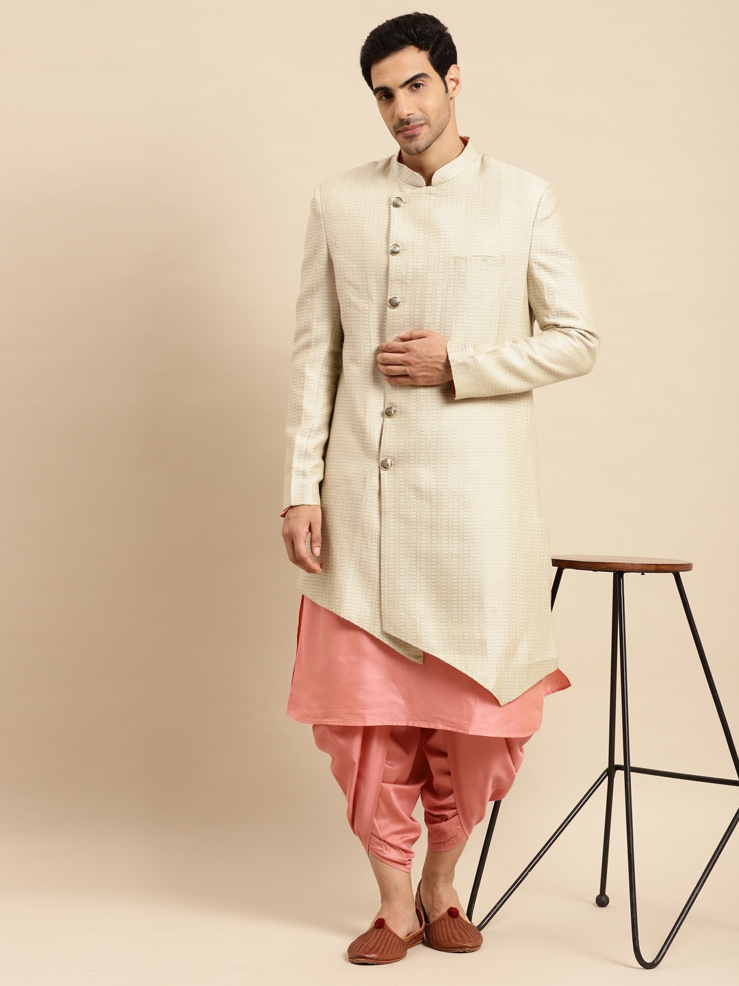KISAH Men Woven Design Cotton Indowestern Sherwani Set, Cream