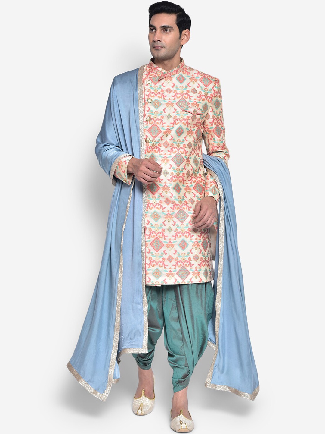 

KISAH Men White & Blue Printed Sherwani Set