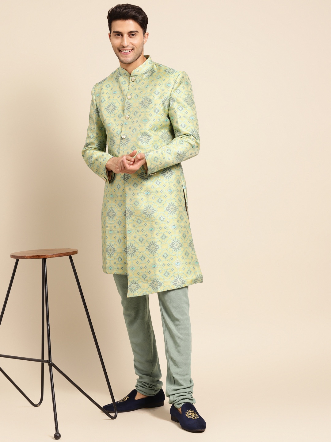 

KISAH Men Yellow Woven Design Indowestern Sherwani Set