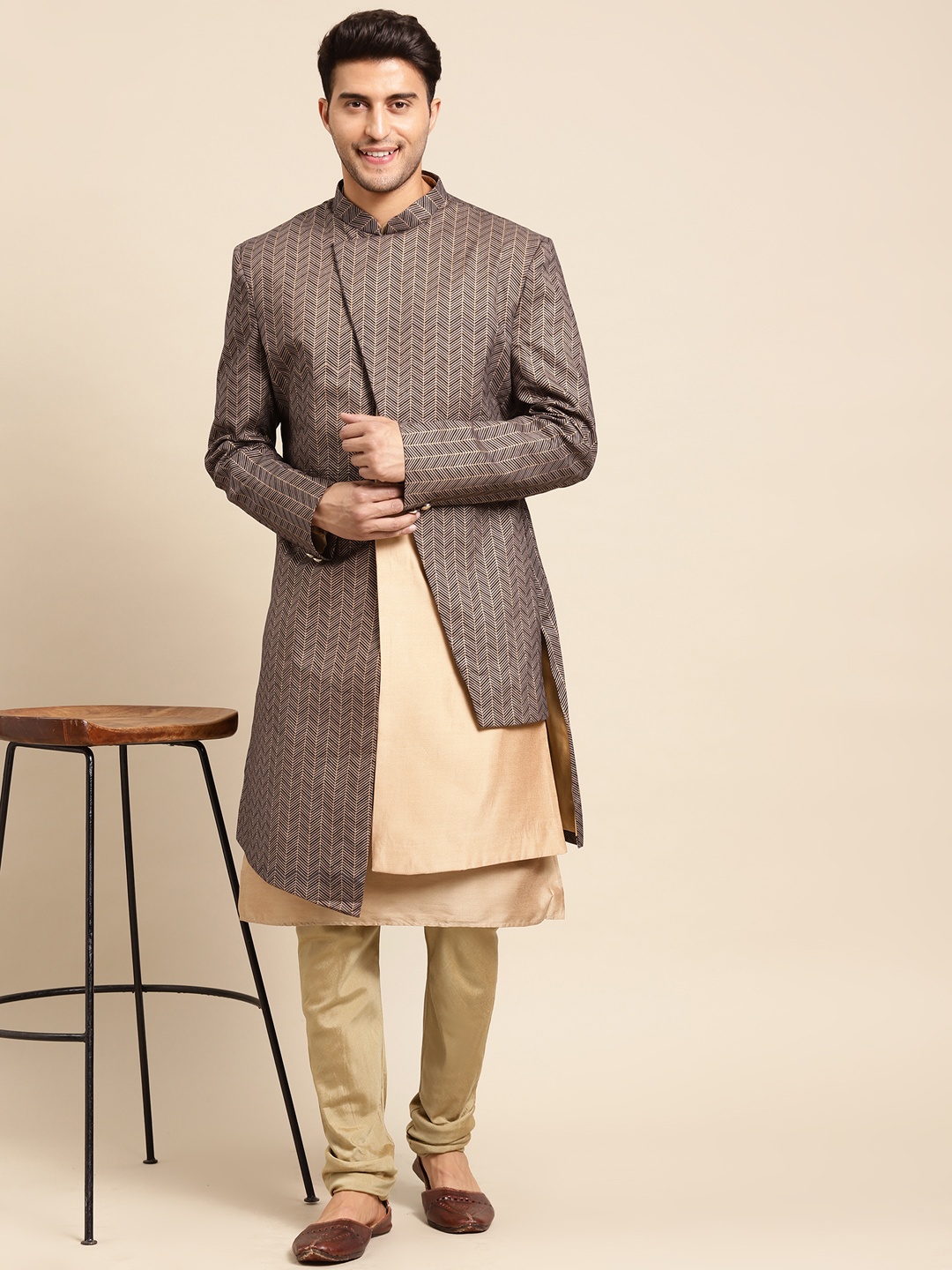 

KISAH Men Printed Cotton Indowestern Sherwani Set, Brown