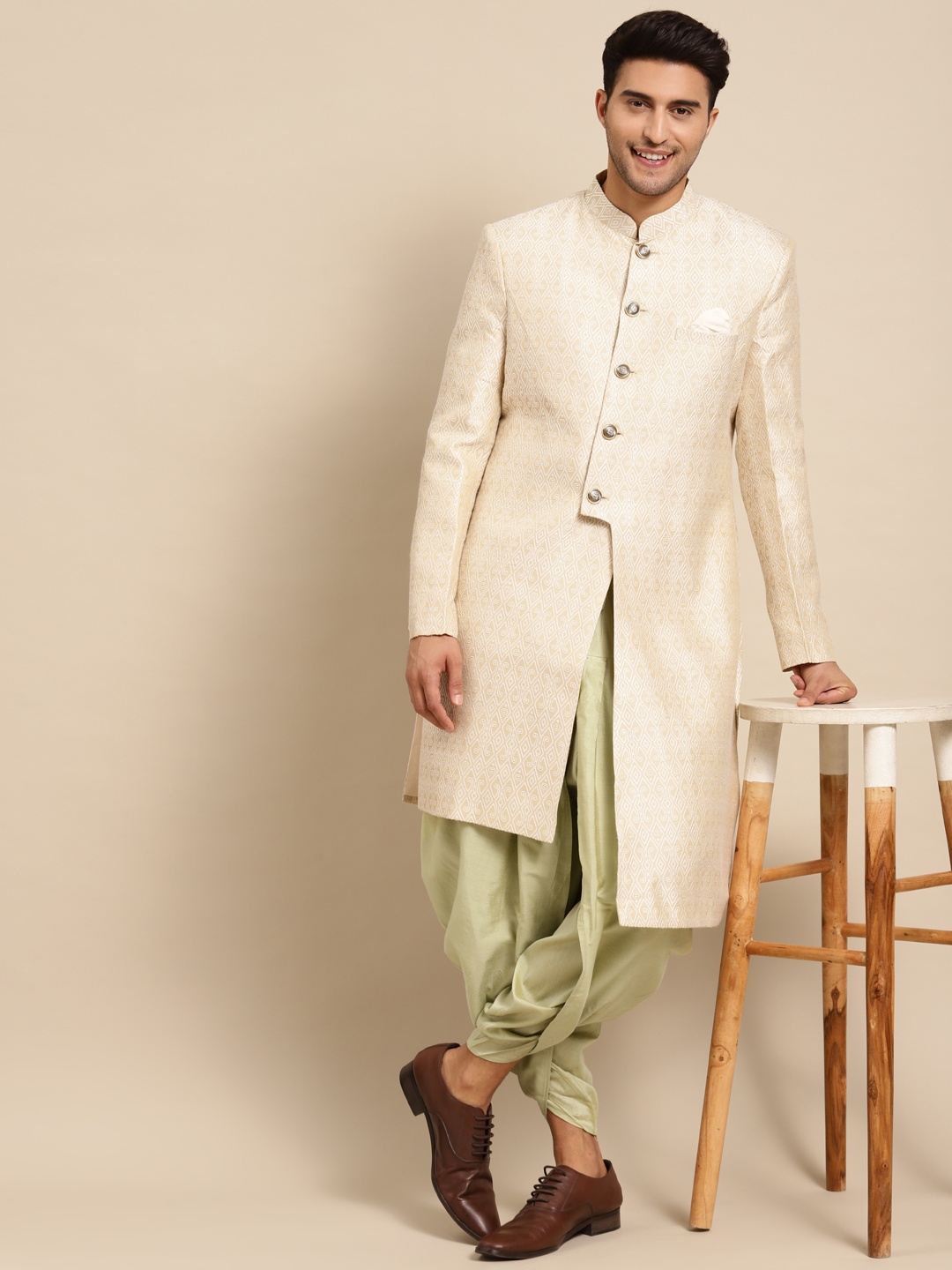 

KISAH Men Beige & Sage Green Woven Design Indowestern Sherwani Set