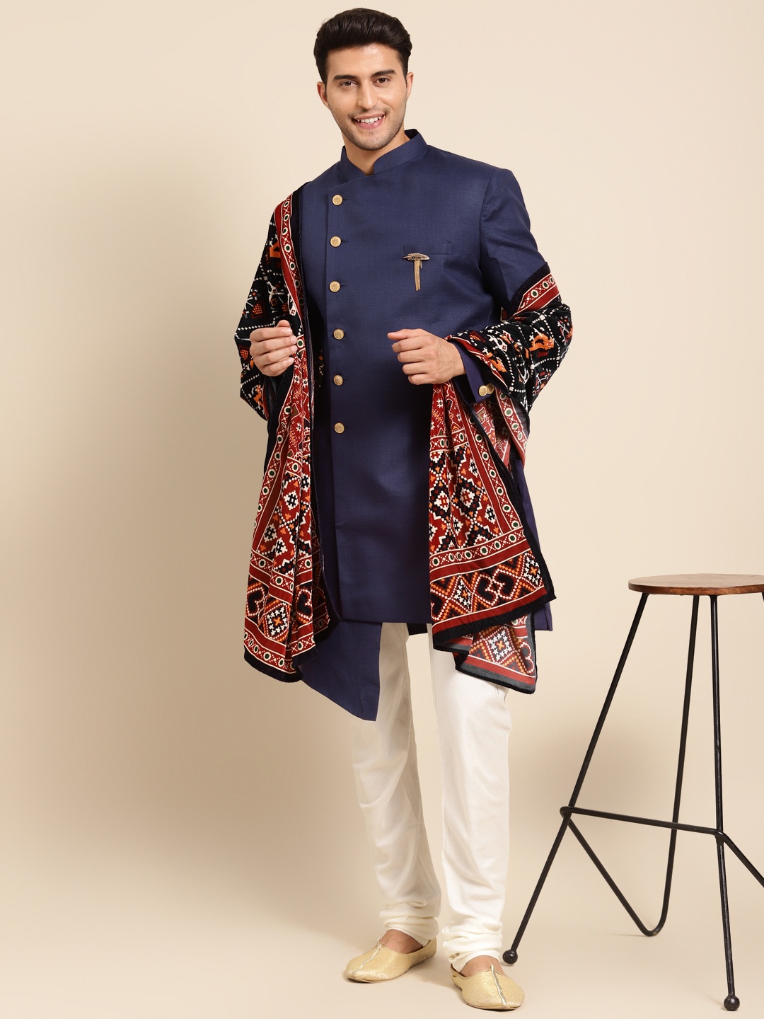 

KISAH Men Indowestern Sherwani with Churidar & Dupatta Set, Navy blue