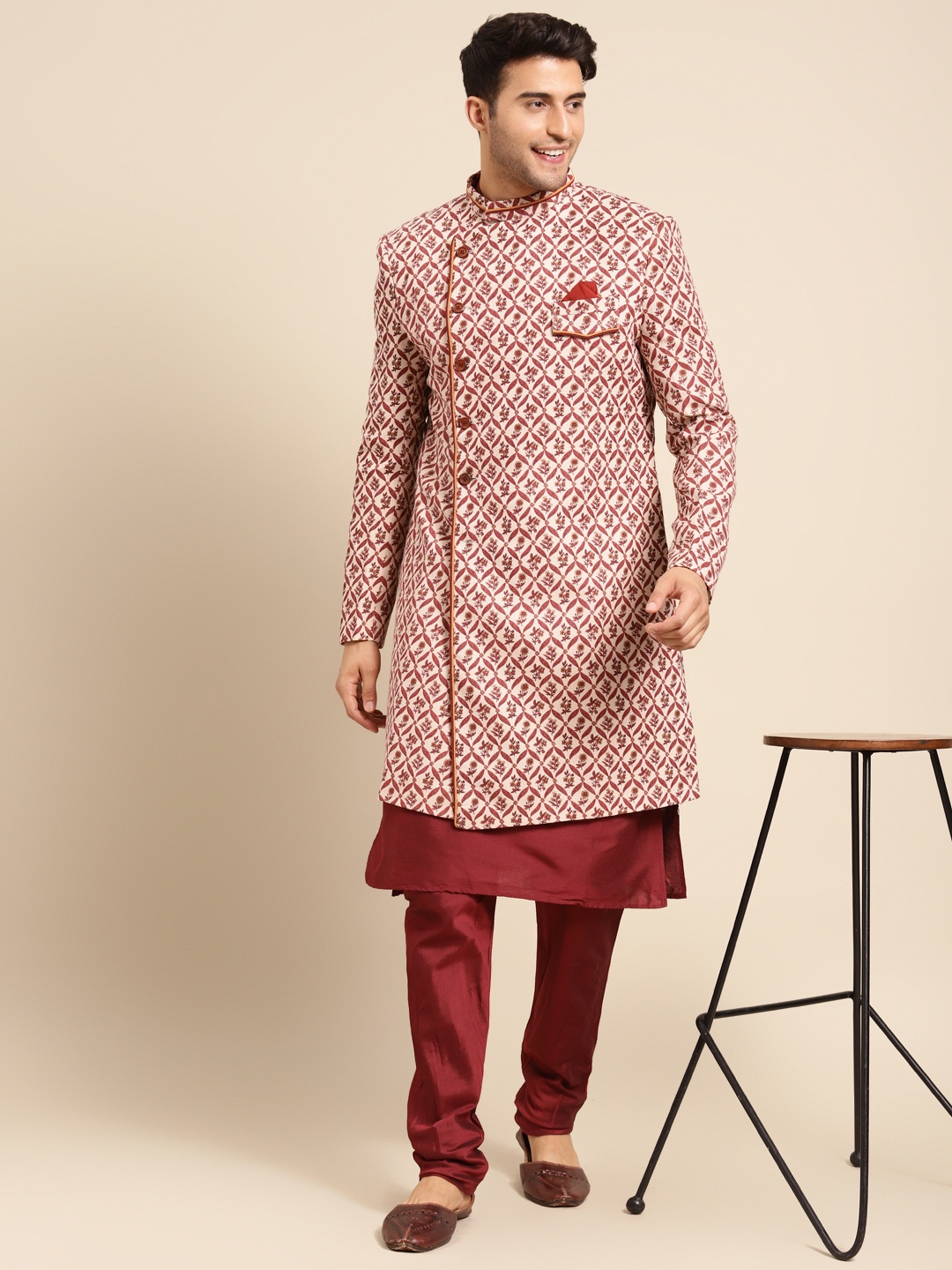 

KISAH Men Cream & Maroon Printed Cotton Indowestern Sherwani Set