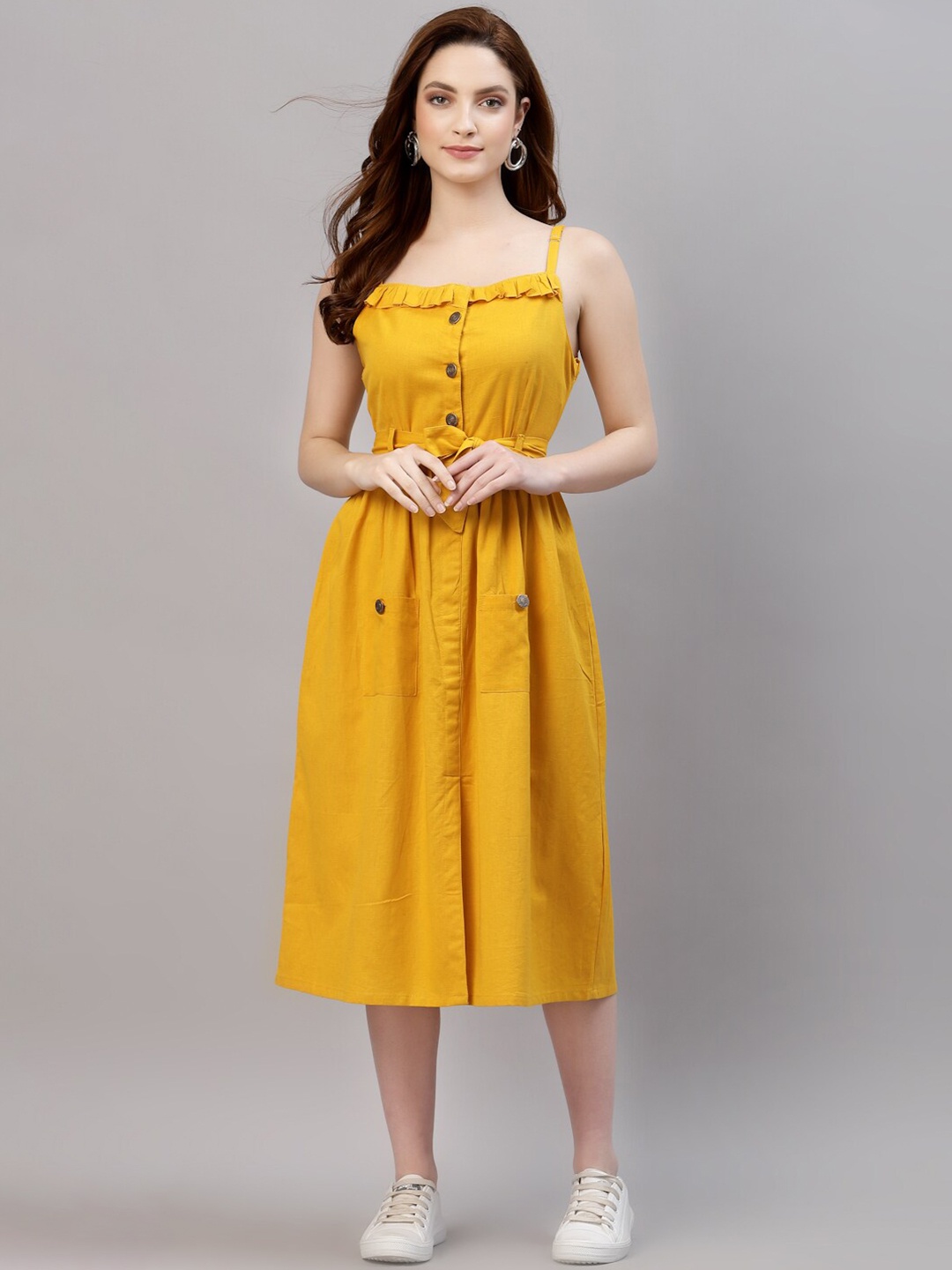 

NEUDIS Women Mustard Yellow Cotton Solid A-Line Midi Dress