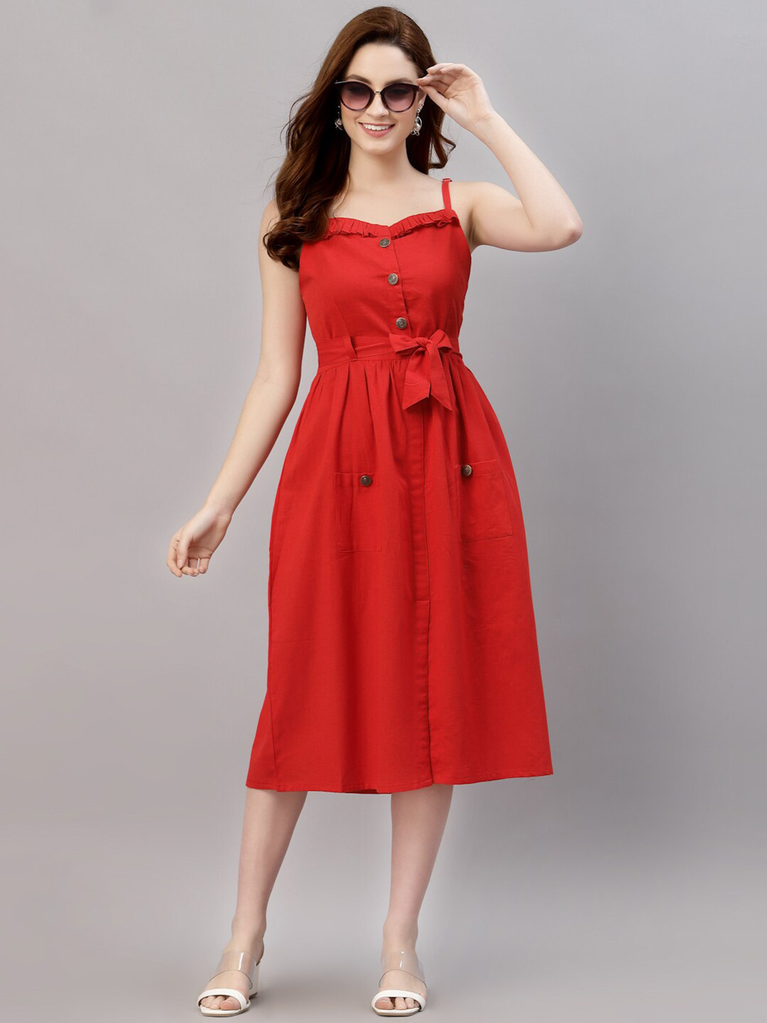 

NEUDIS Red Cotton Solid A-Line Midi Dress
