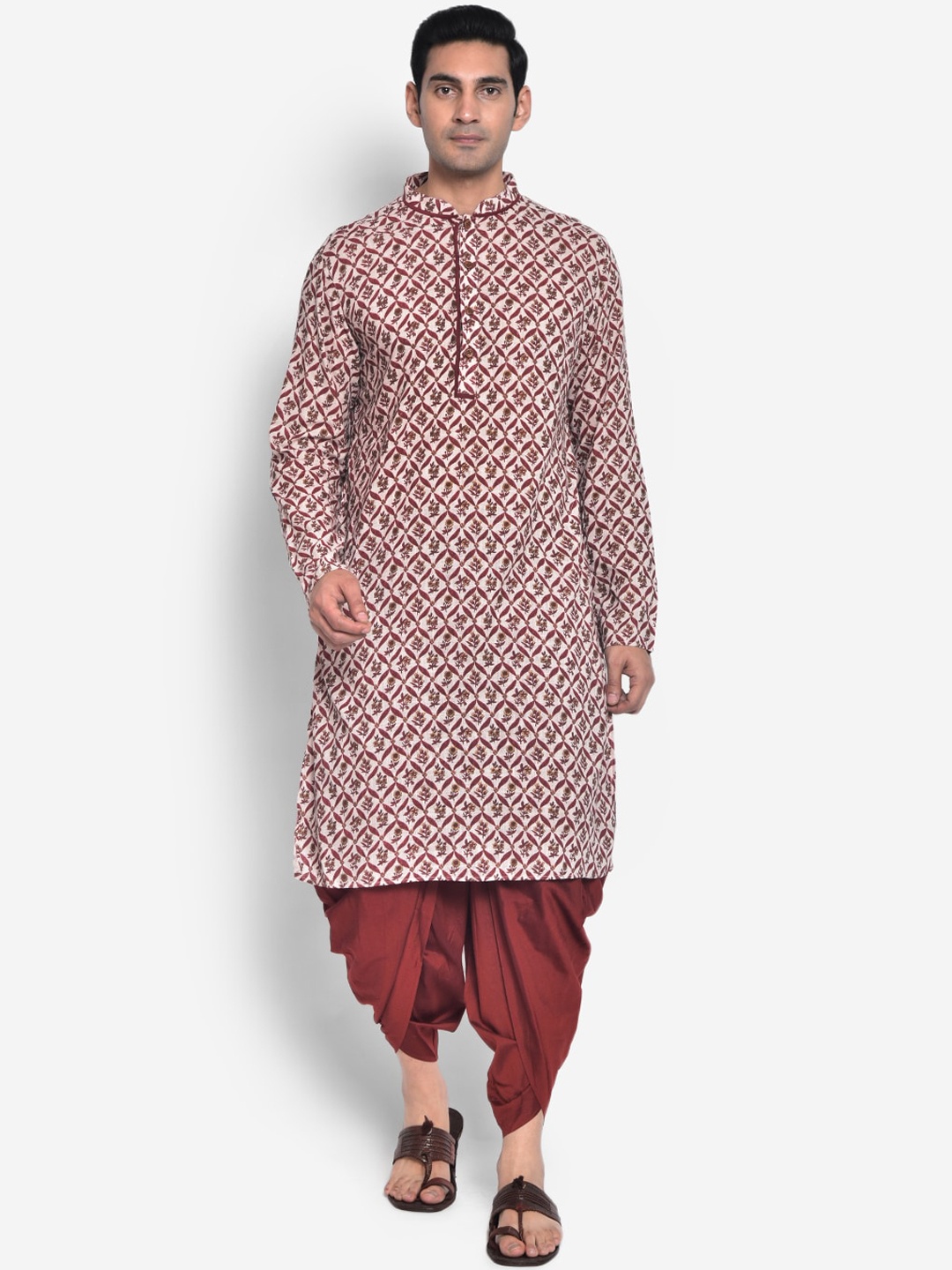 

KISAH Men Cream-Coloured & Maroon Floral Printed Kurta