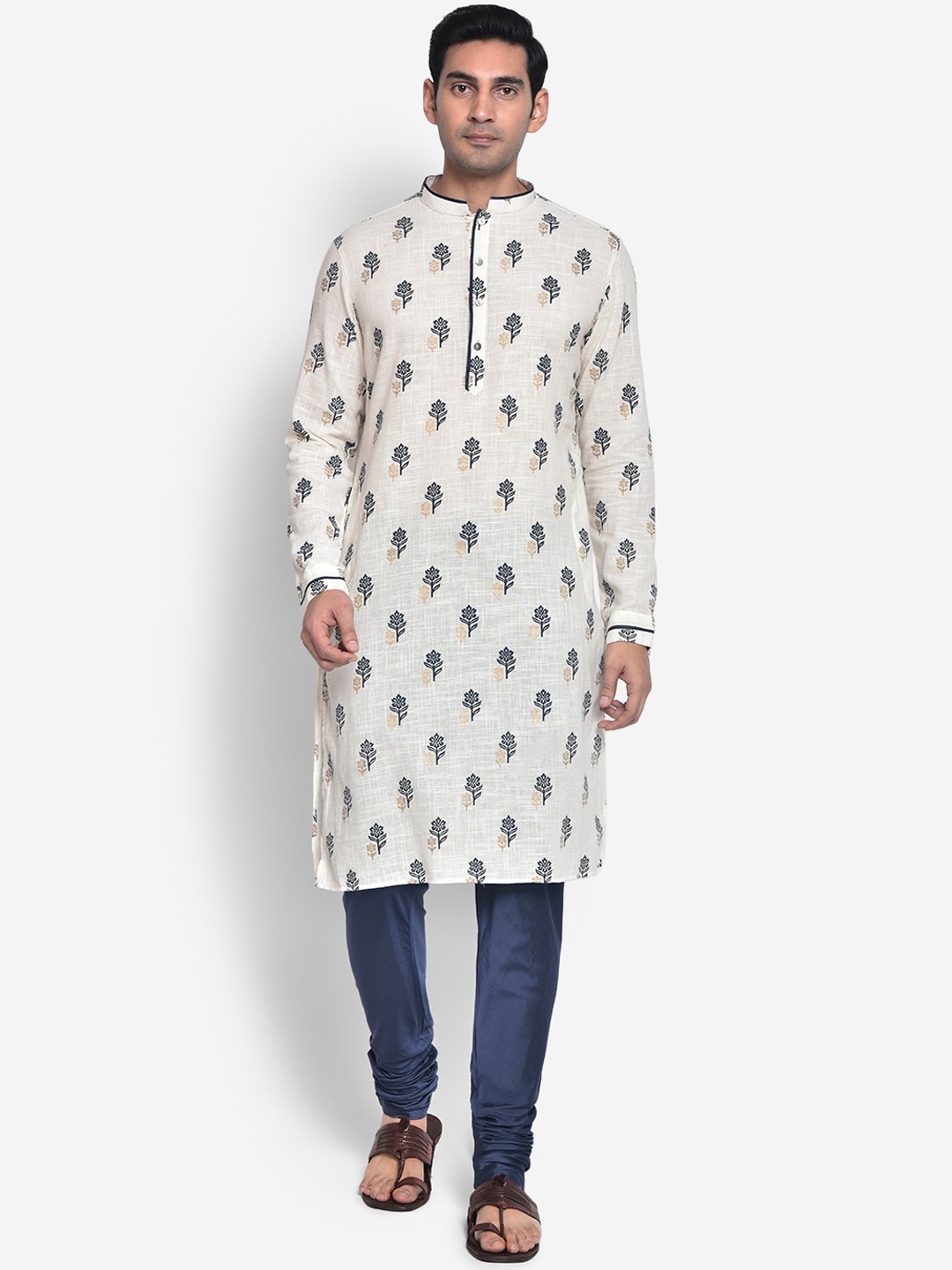 

KISAH Men Cream & Green Ethnic Motifs Printed Straight Kurta