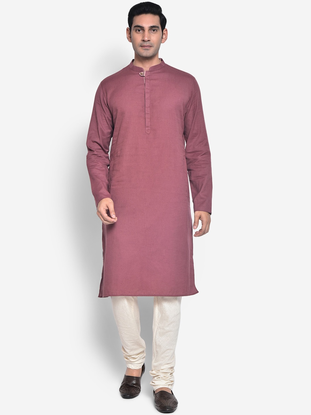 

KISAH Men Rose Solid Mandarin Collar Cotton Straight Kurta