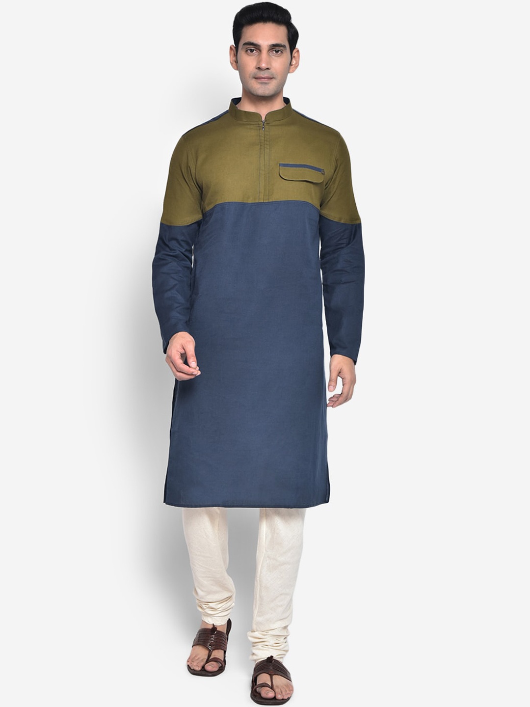 

KISAH Men Brown Colourblocked Thread Work Cotton Kurta
