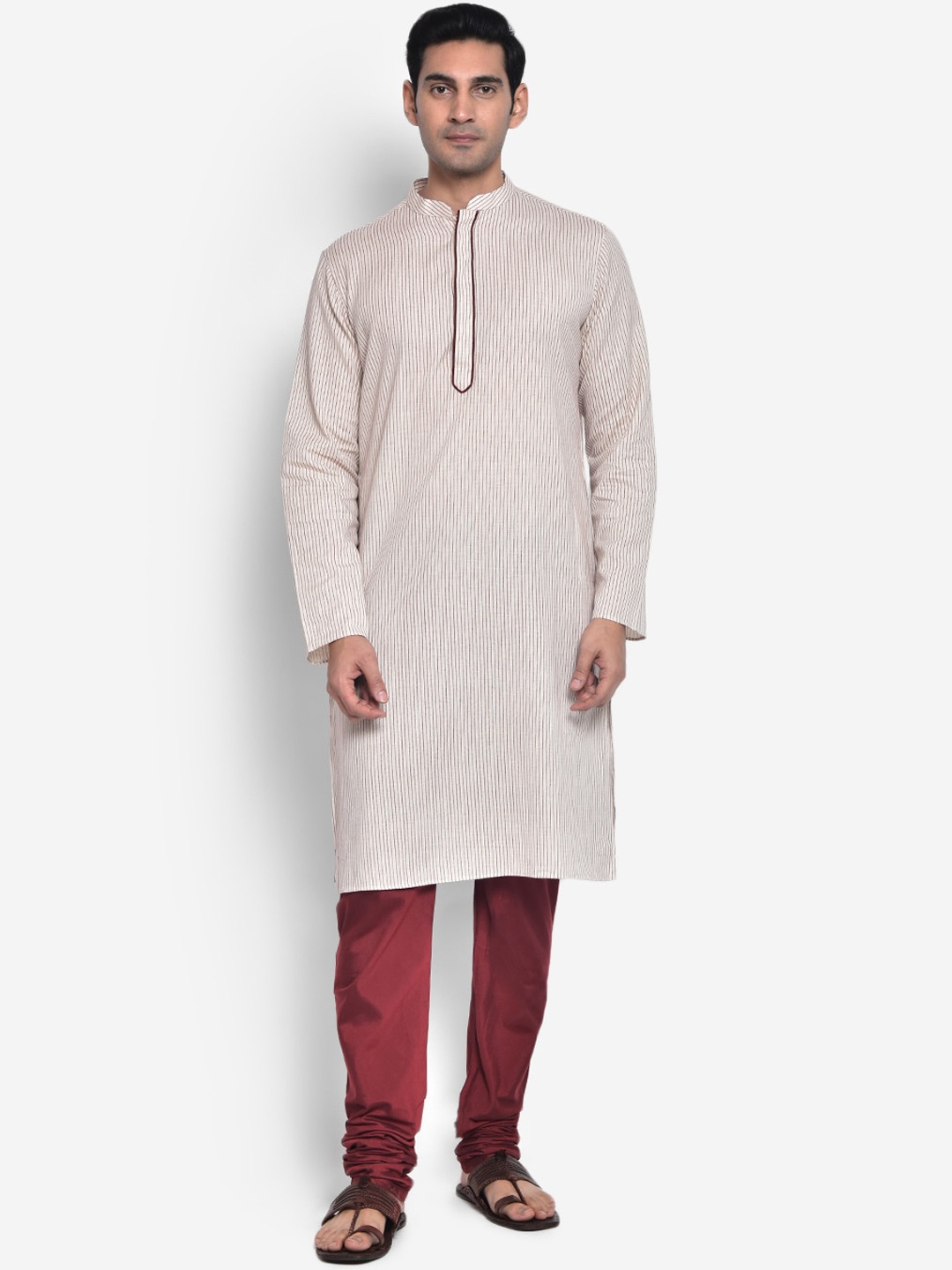 

KISAH Men Cream-Coloured & Brown Striped Knee Length Kurta