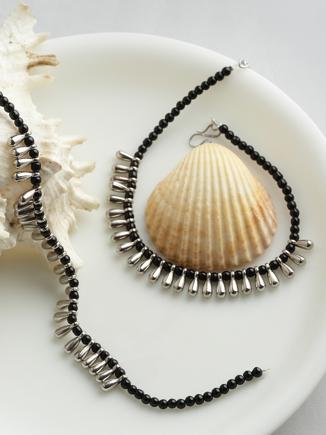 

PANASH Set Of 2 Silver-Plated Black Beaded Handcrafted Anklets