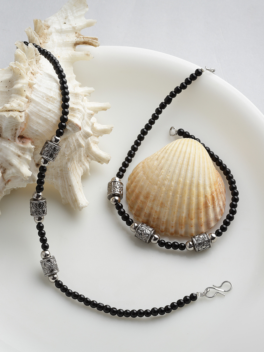 

PANASH Set Of 2 Oxidized Silver-Plated Black Beaded Handcrafted Anklets