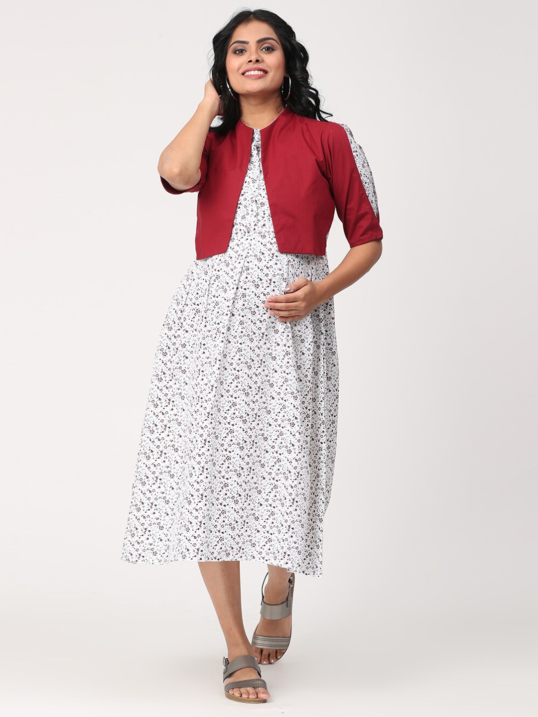 

CHARISMOMIC White & Maroon Floral Maternity A-Line Midi Dress w