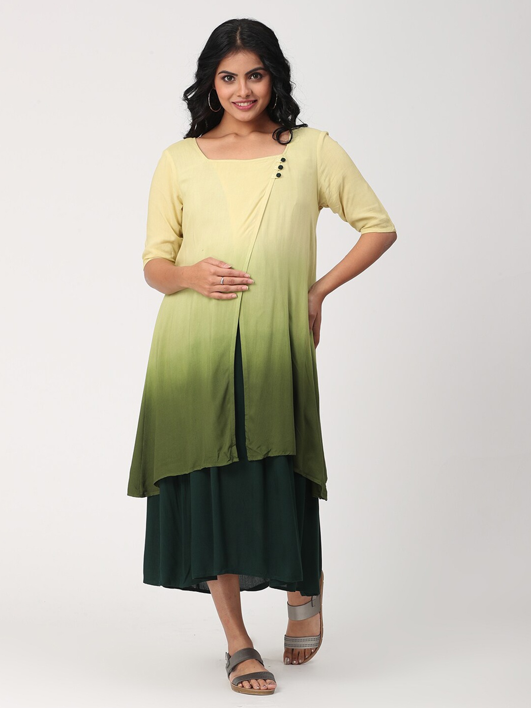 

CHARISMOMIC Green Tie & Dye Ombre Layered Maternity A-Line Midi Dress