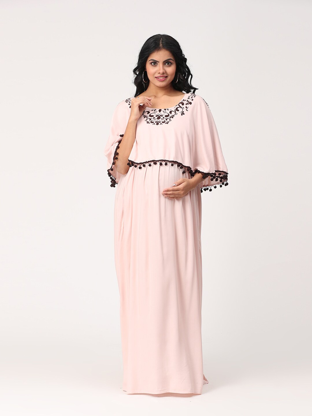 

CHARISMOMIC Peach-Coloured & Black Floral Maternity Maxi Dress