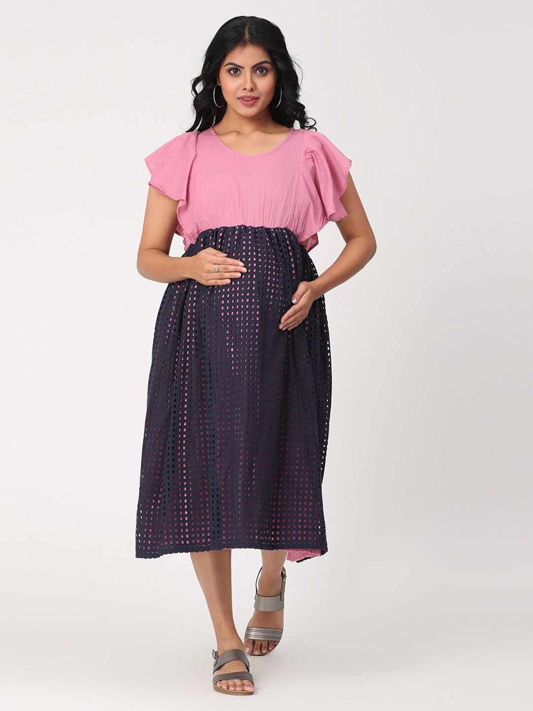 

CHARISMOMIC Women Pink & Navy Blue Solid Round Neck Maternity Fit & Flare Dress