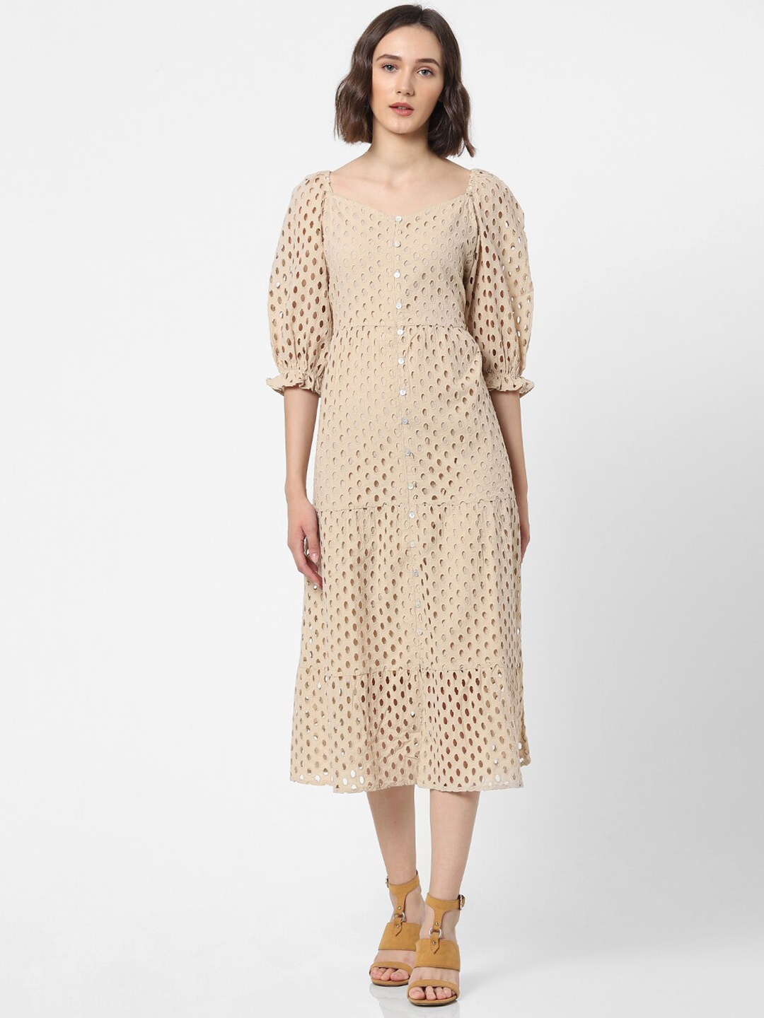 

ONLY Women Beige Self Design Sweetheart Neck Cotton A-Line Dress