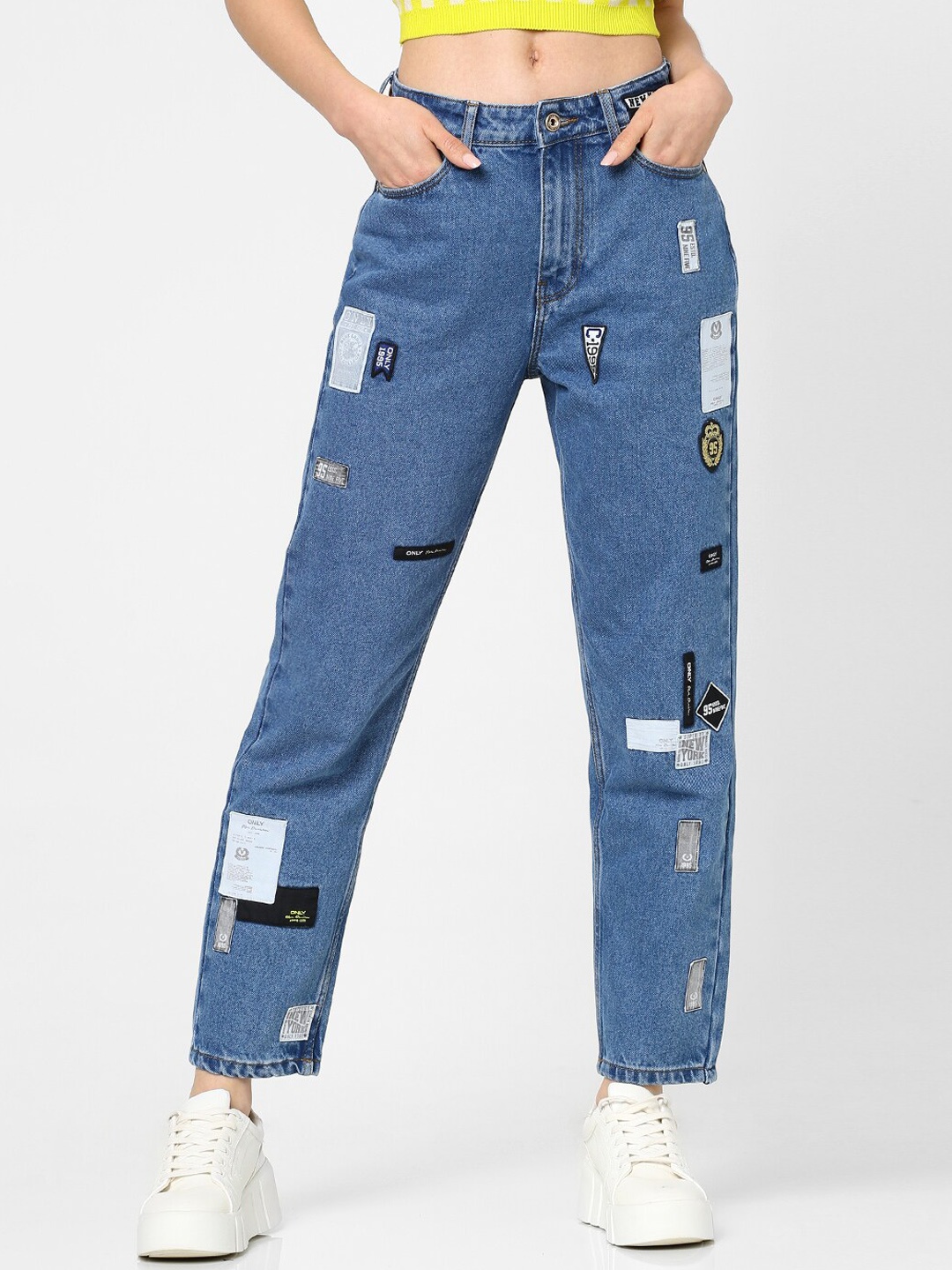 

ONLY Women Blue Boyfriend Fit High-Rise Applique Jeans