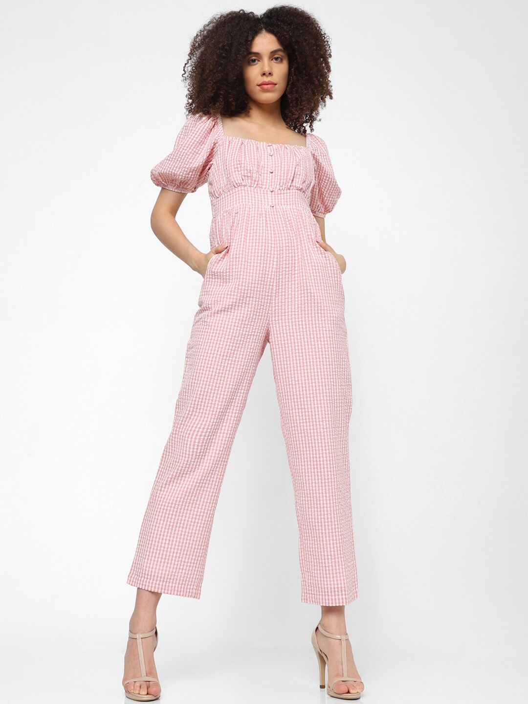 

ONLY Pink & White Checked Cotton Basic Jumpsuit