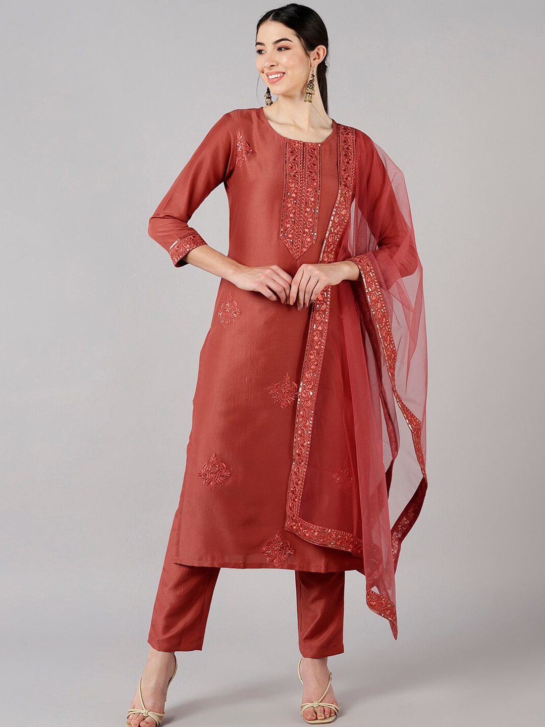 

AHIKA Women Peach-Coloured Floral Embroidered Kurta with Trousers & Net Dupatta