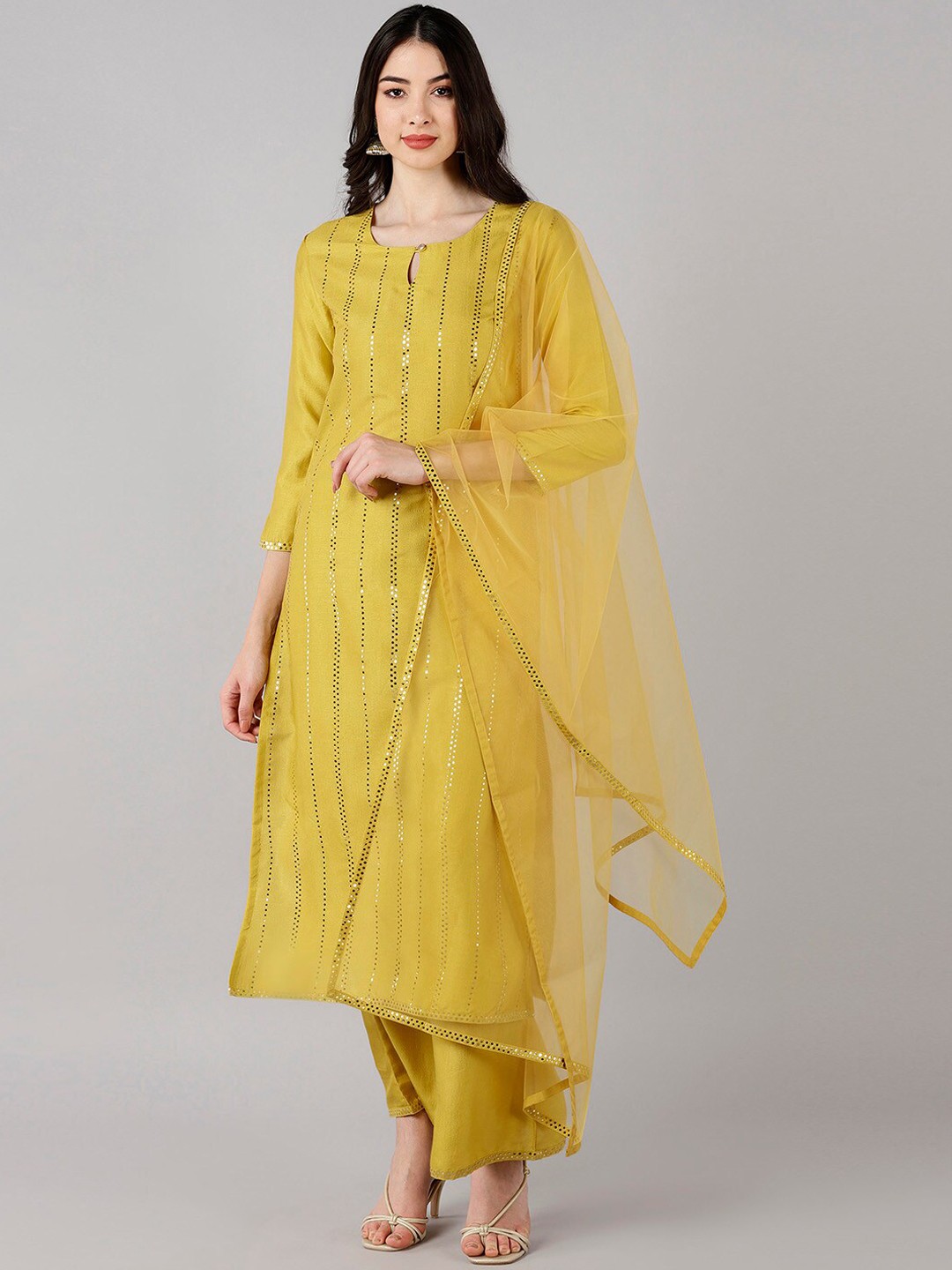 

AHIKA Women Mustard Yellow Embellished Kurta with Palazzos & Dupatta