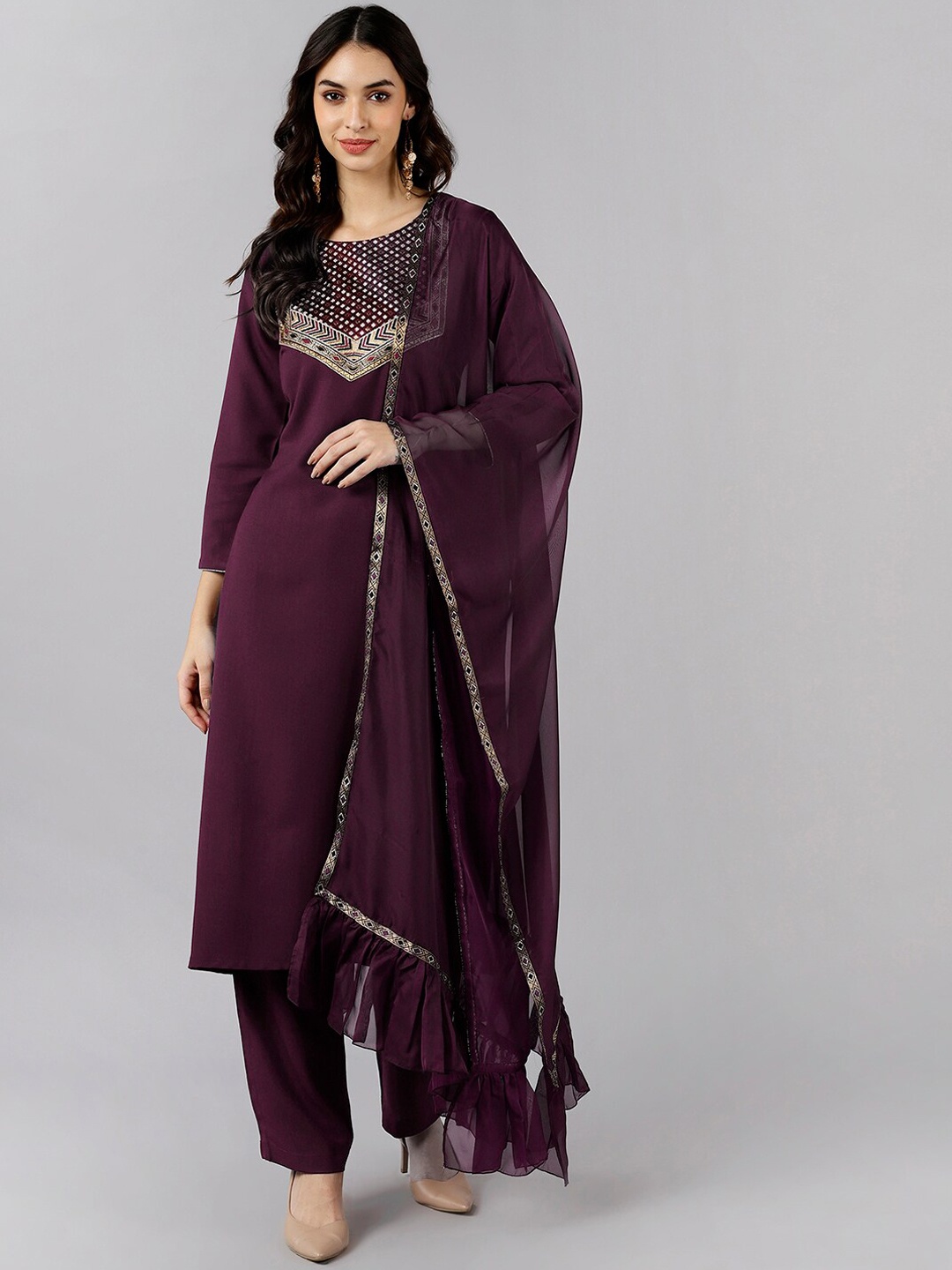 

AHIKA Women Burgundy Ethnic Motifs Yoke Design Kurta with Trousers & Dupatta