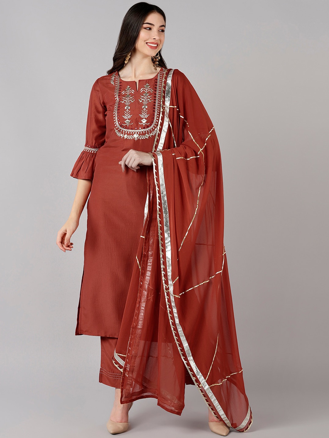 

AHIKA Women Rust Floral Yoke Design Gotta Patti Kurta with Trousers With Dupatta