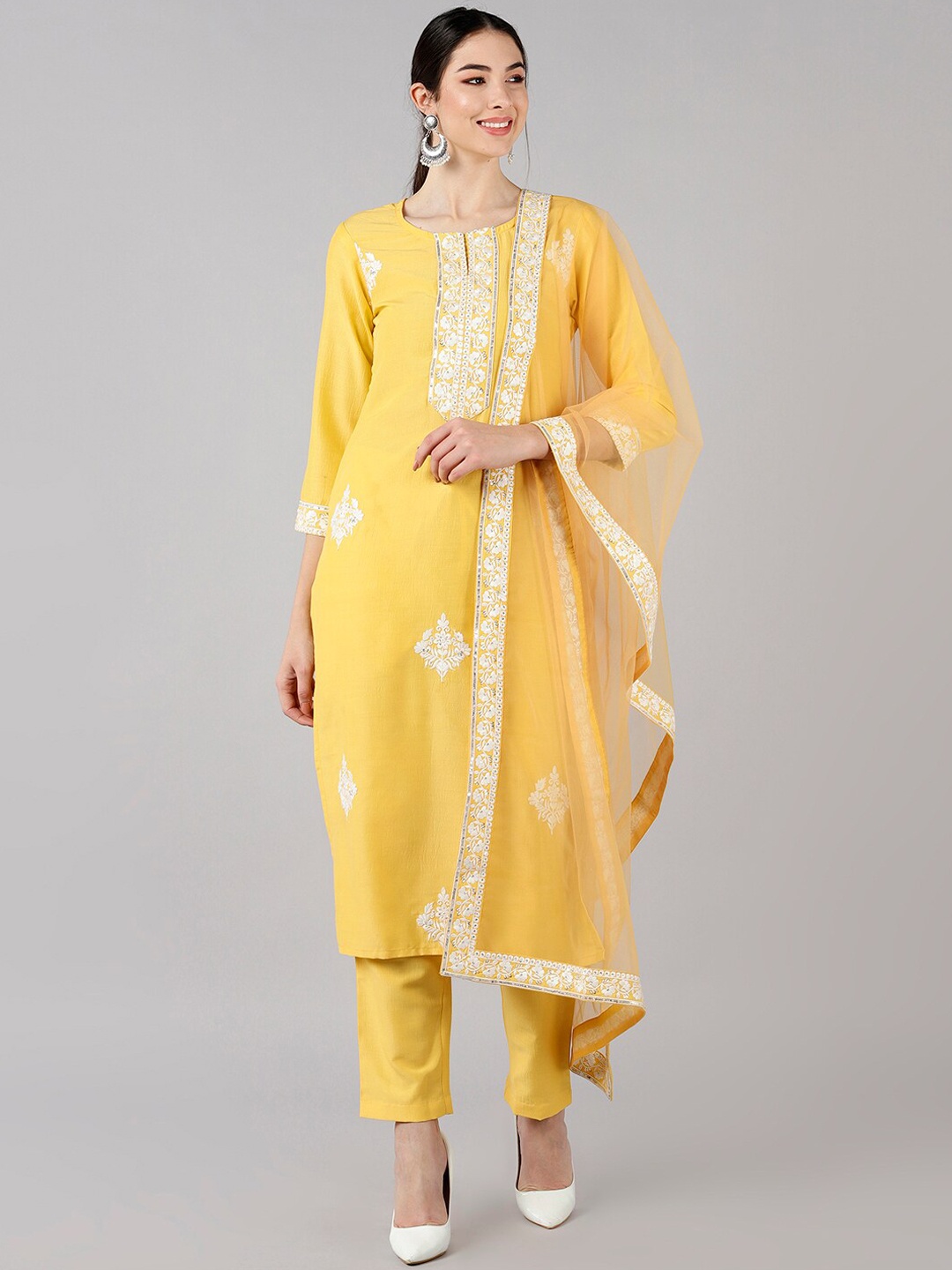 

AHIKA Women Yellow Ethnic Motifs Embroidered Kurta with Trousers & With Dupatta