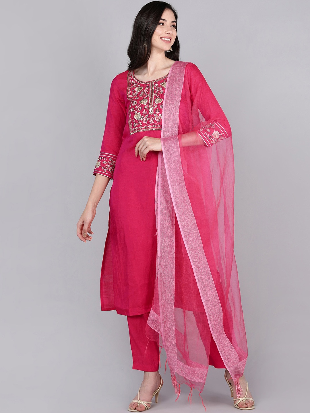 

AHIKA Women Fuchsia Floral Yoke Design Thread Work Kurta with Trousers & With Dupatta