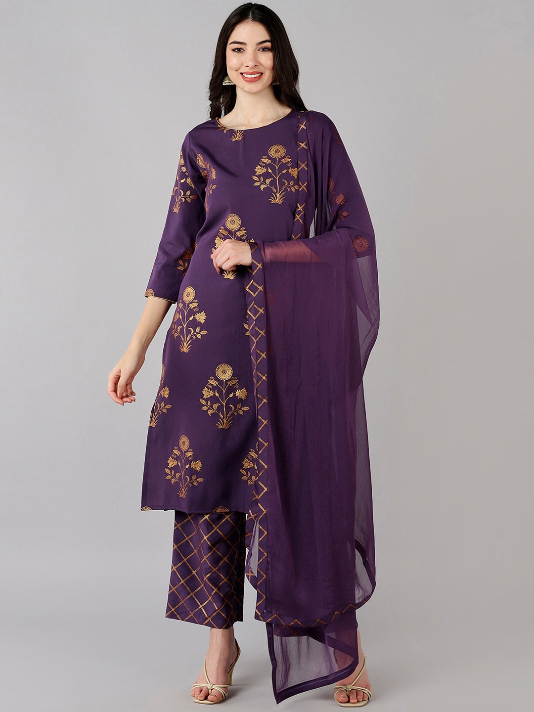 

AHIKA Women Purple Floral Printed Kurta with Trousers & With Dupatta