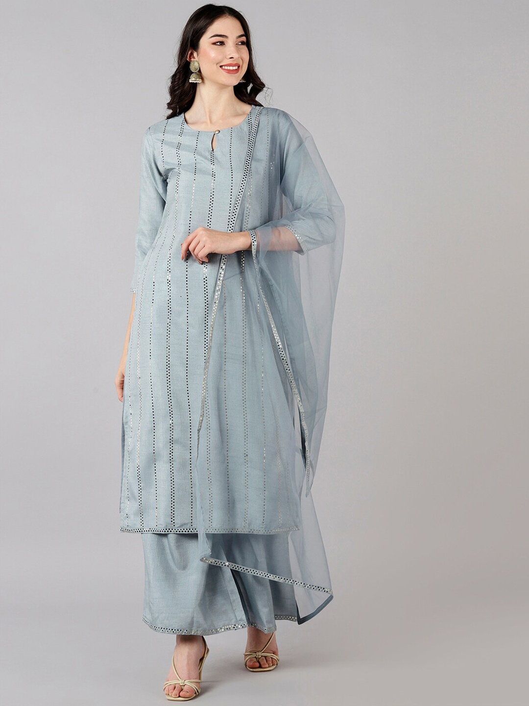 

AHIKA Women Grey Embroidered Mirror Work Kurta with Palazzos & With Dupatta