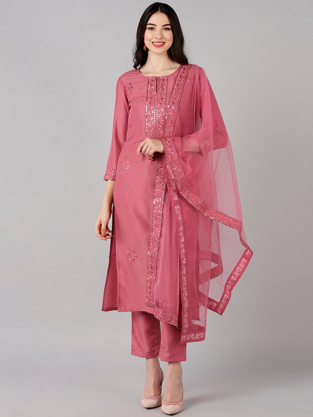 

AHIKA Women Rose Yoke Embroidered Kurta with Trousers & Dupatta