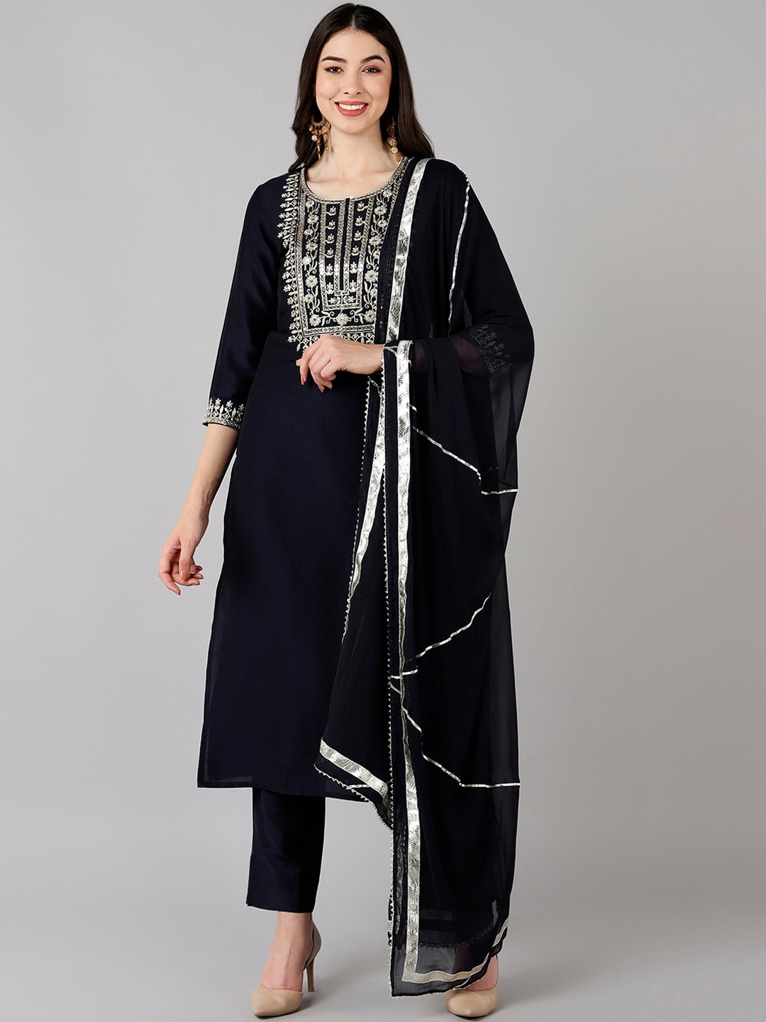 

AHIKA Women Navy Blue Floral Printed Kurta with Trousers & With Dupatta