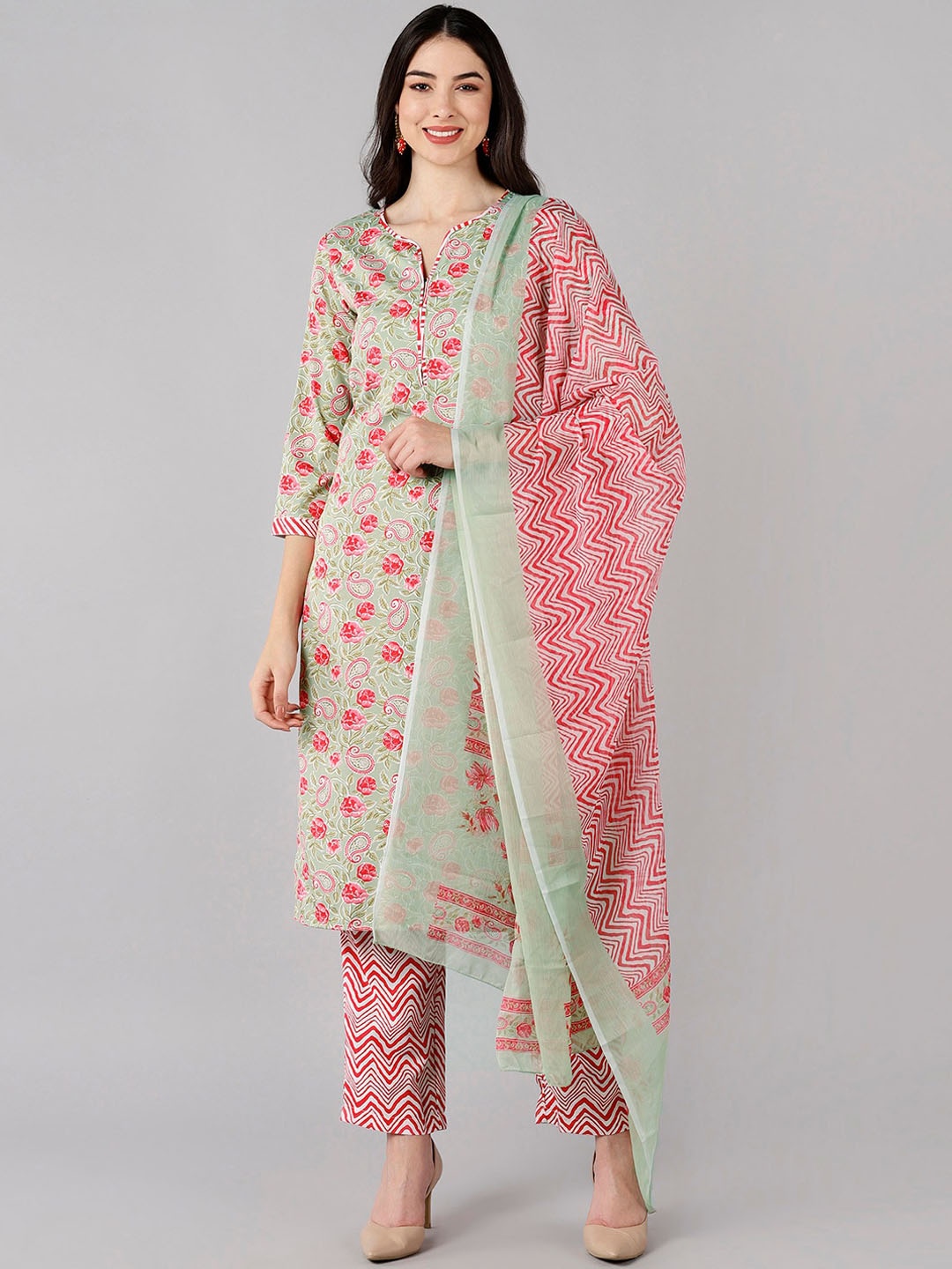 

AHIKA Women Mint Green & PinkKurta with Trousers & With Dupatta